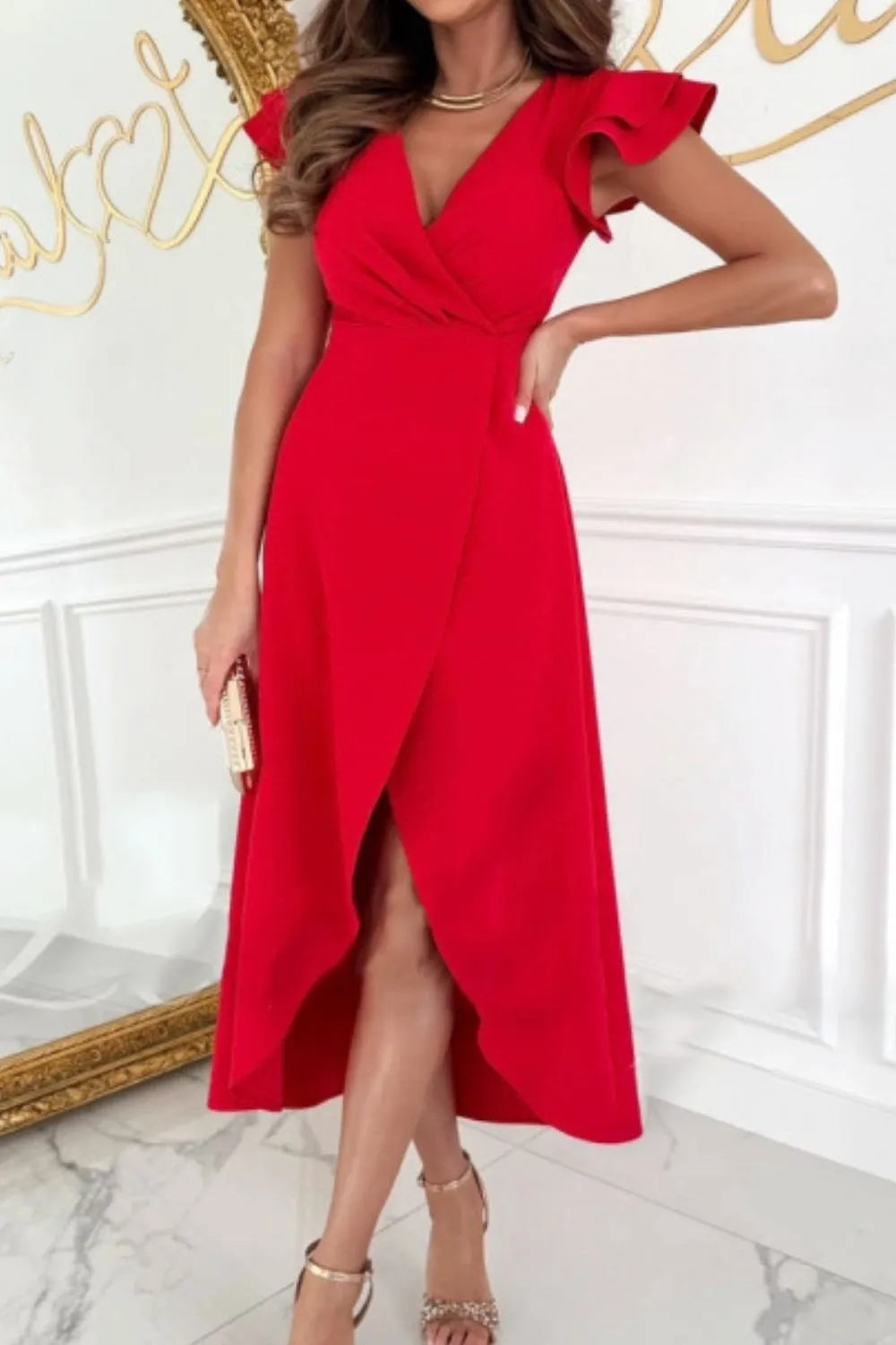 Surplice Ruffled Cap Sleeve Zip Back Dress - Velora