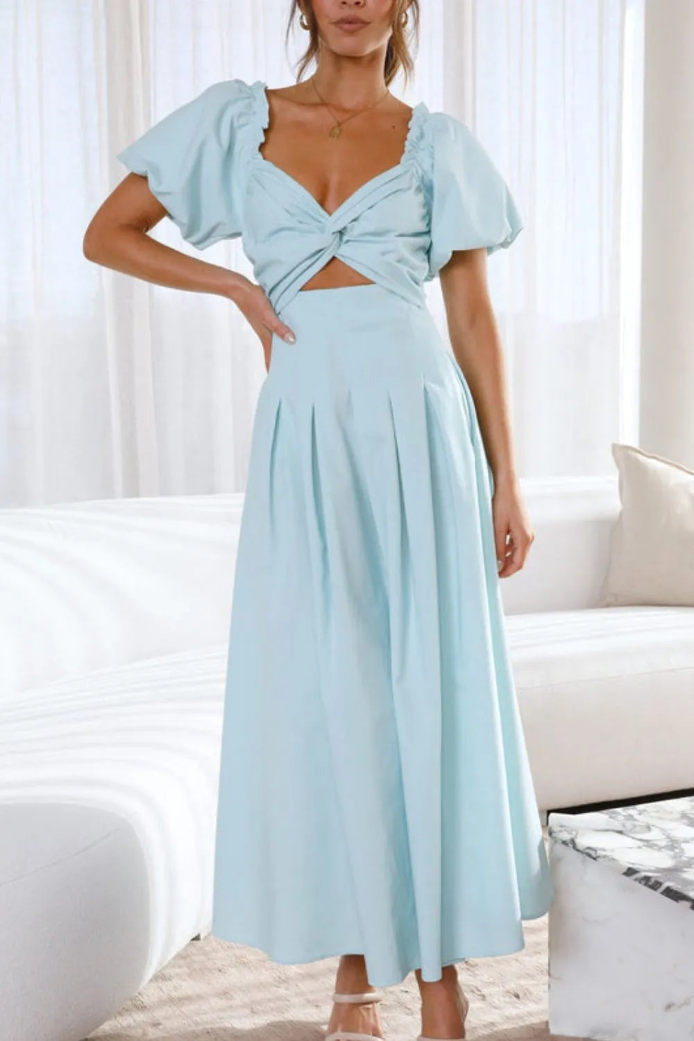 Sweetheart Neck Puff Sleeve Dress - Velora Luxury Fashion