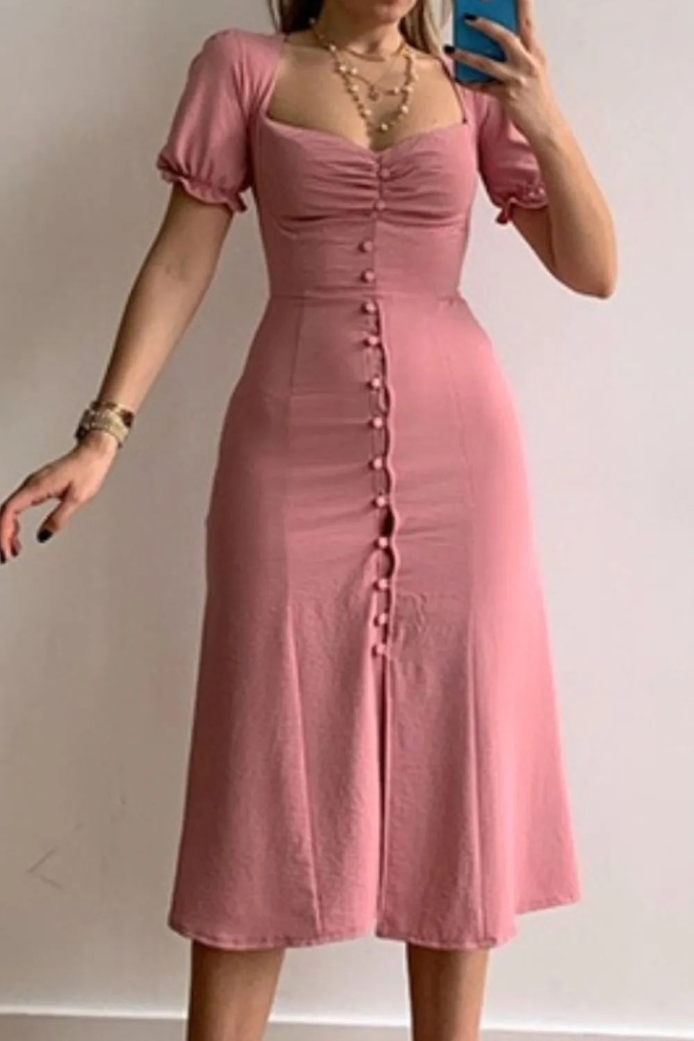 Sweetheart Neck Short Sleeve Dress - Velora Luxury Fashion