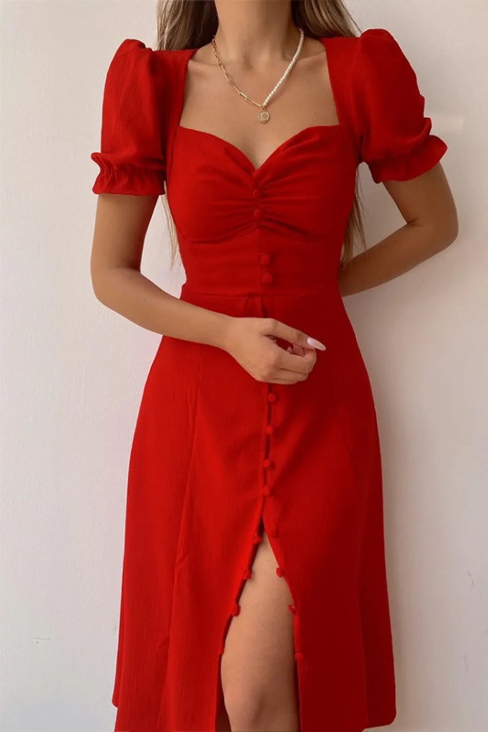 Sweetheart Neck Short Sleeve Dress - Velora Luxury Fashion