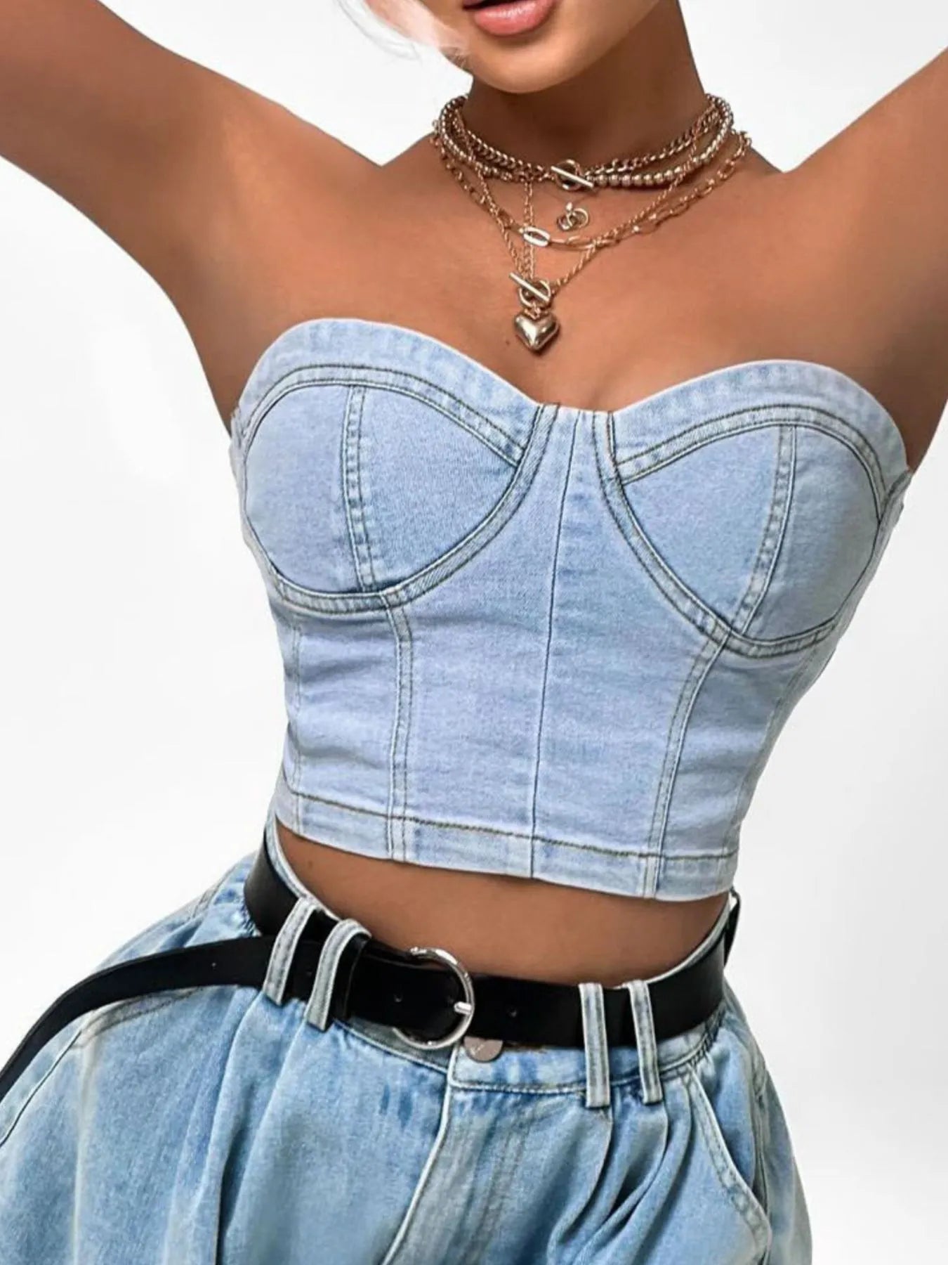 Sweetheart Neck Tube Top and Shorts Denim Set - Velora Luxury Fashion