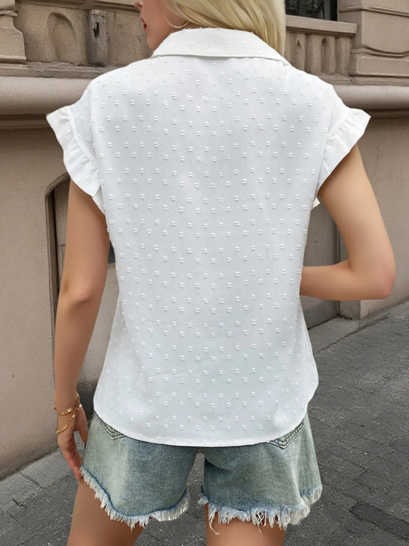 Swiss Dot Ruffled Cap Sleeve Shirt - Velora Luxury Fashion