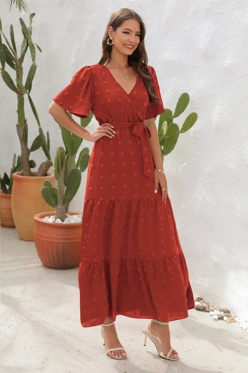 Swiss Dot Tied Surplice Short Sleeve Dress - Velora Luxury Fashion