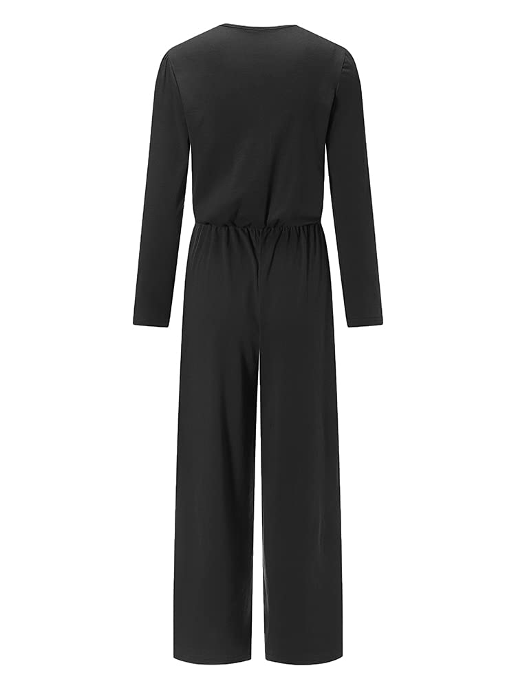 TTFN WOMEN'S LONG SLEEVE JUMPSUIT WITH HENLEY NECKLINE AND FLARED WIDE LEG - Velora Luxury Fashion