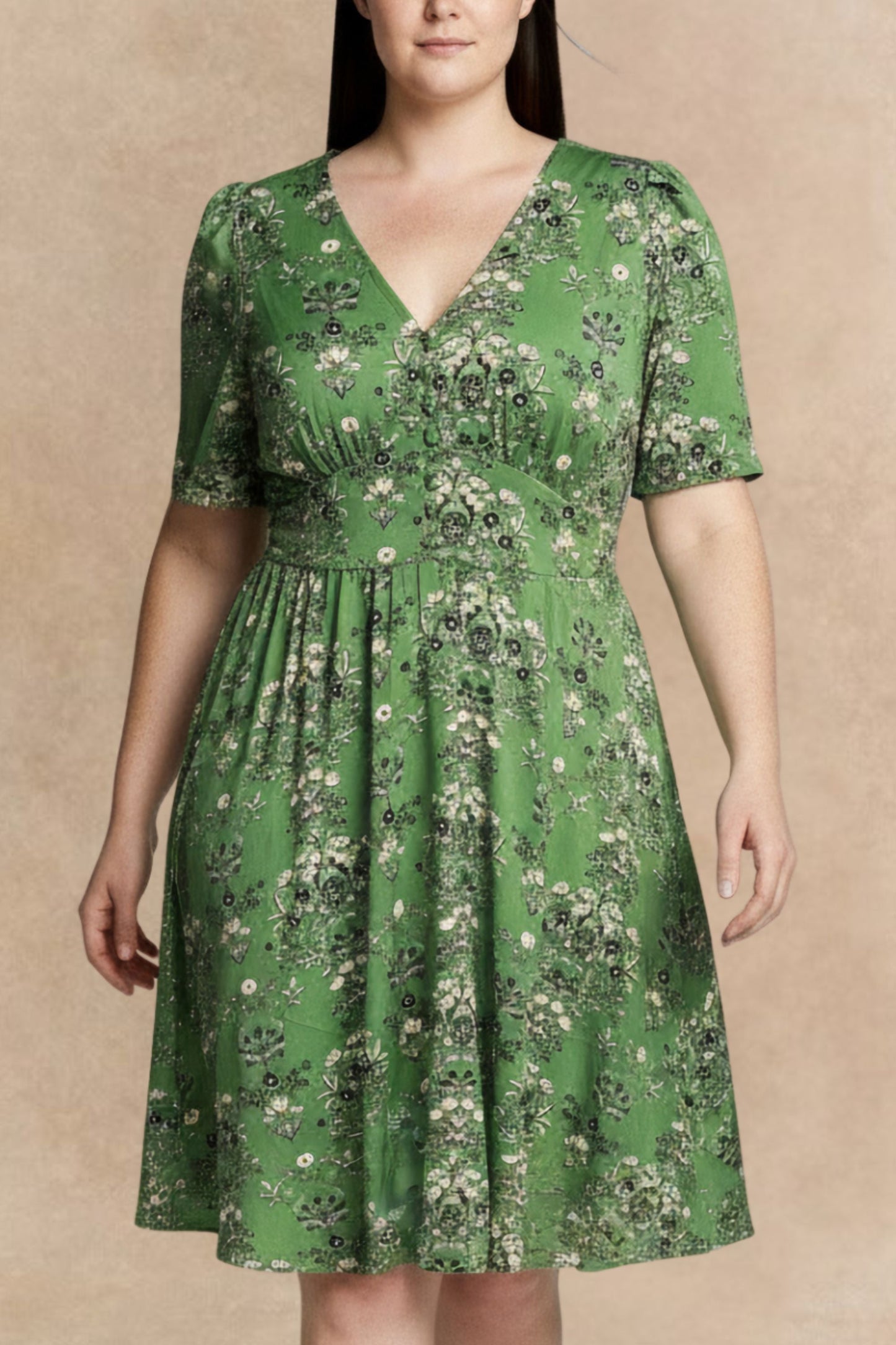 Talia Green Floral Fit and Flare Dress Flowy Sleeves - Velora Luxury Fashion