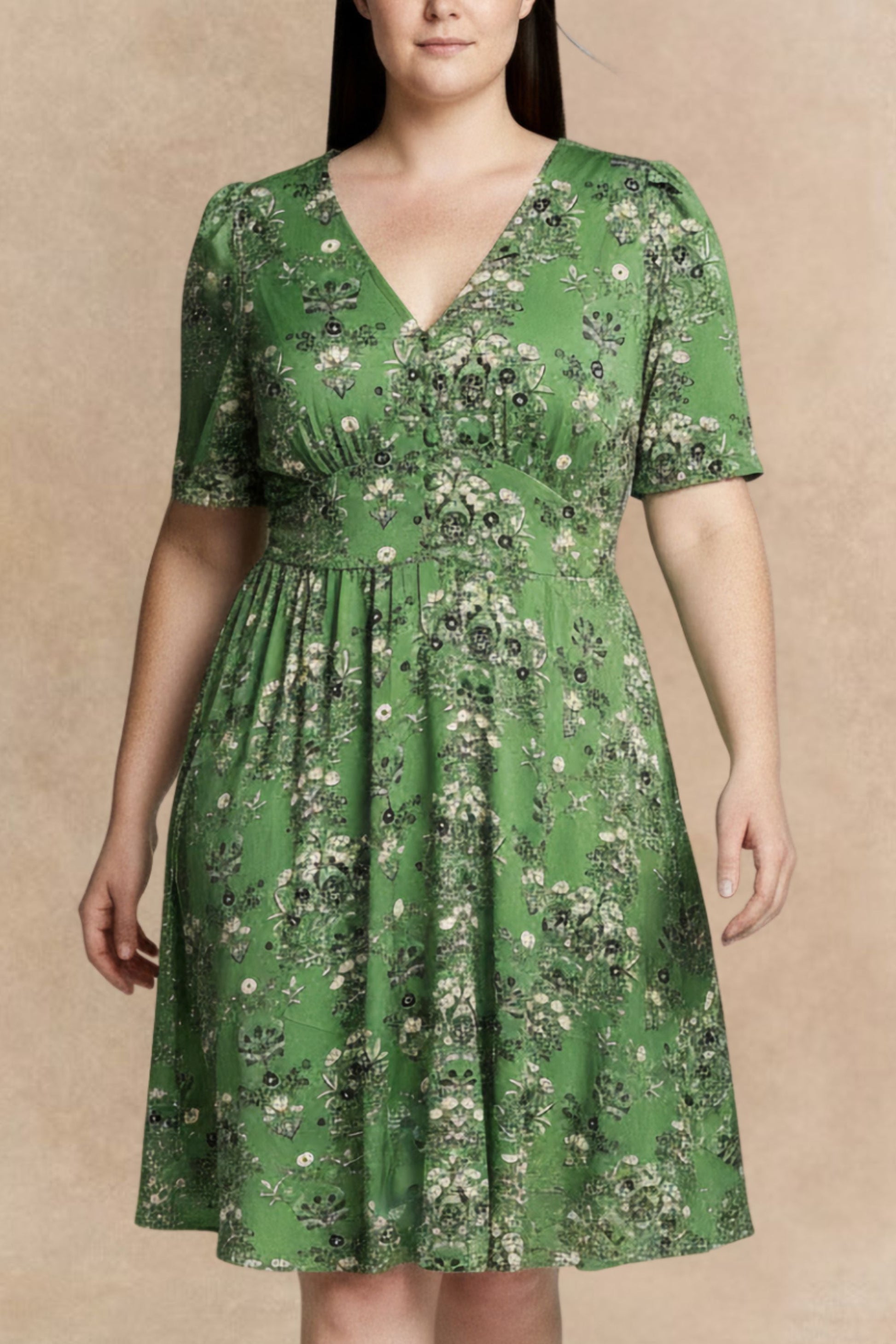 Talia Green Floral Fit and Flare Dress Flowy Sleeves - Velora Luxury Fashion