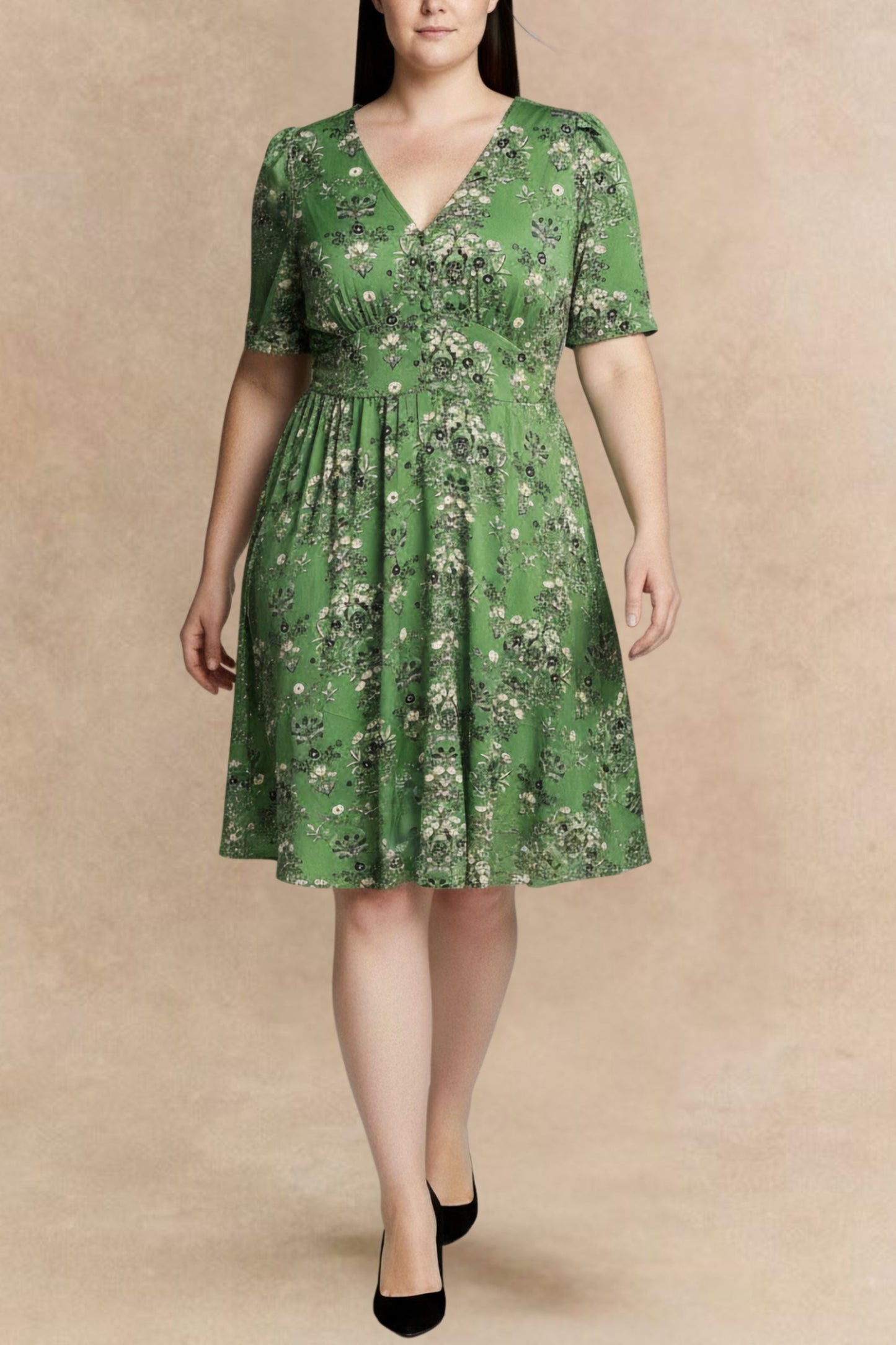 Talia Green Floral Fit and Flare Dress Flowy Sleeves - Velora Luxury Fashion