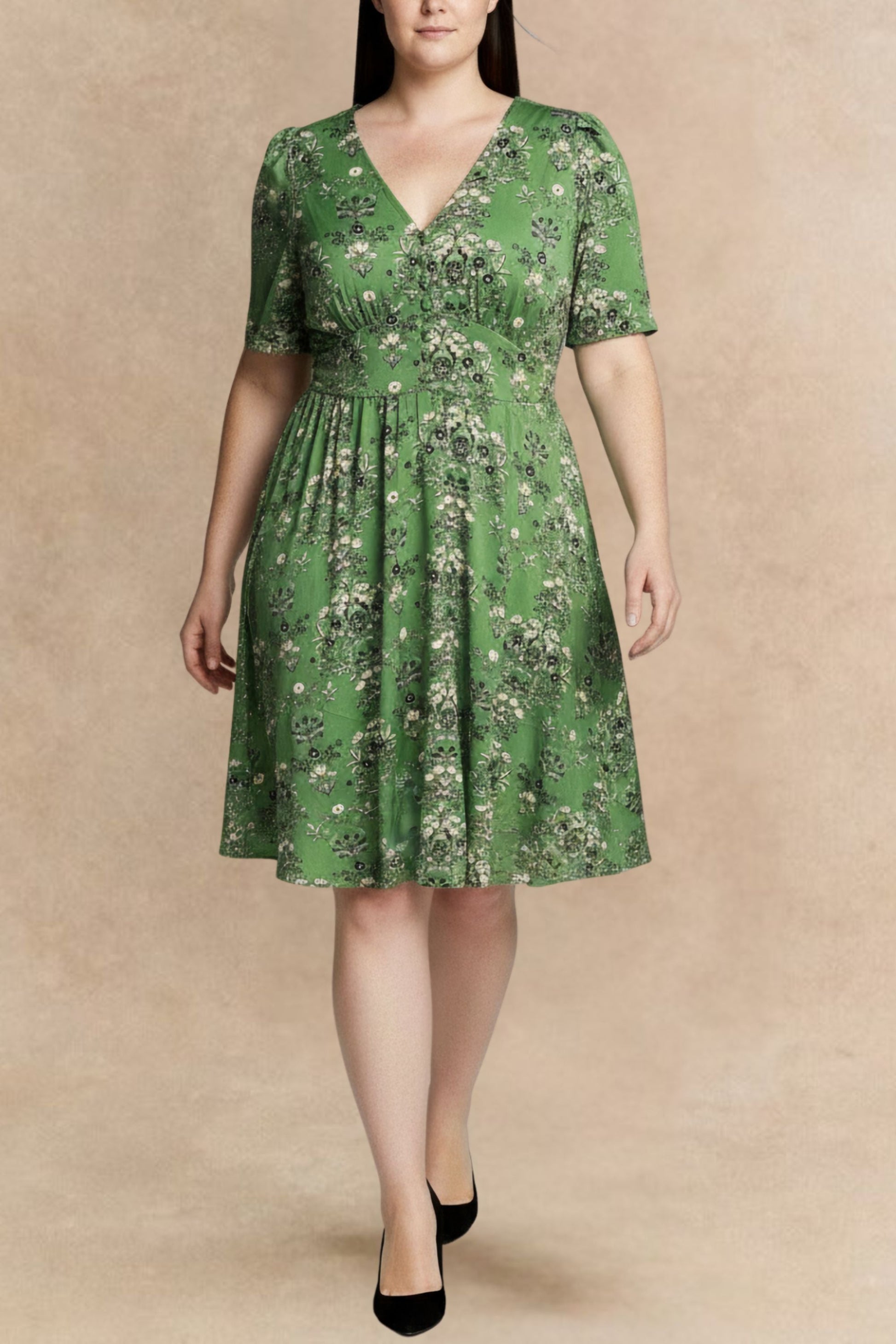 Talia Green Floral Fit and Flare Dress Flowy Sleeves - Velora Luxury Fashion