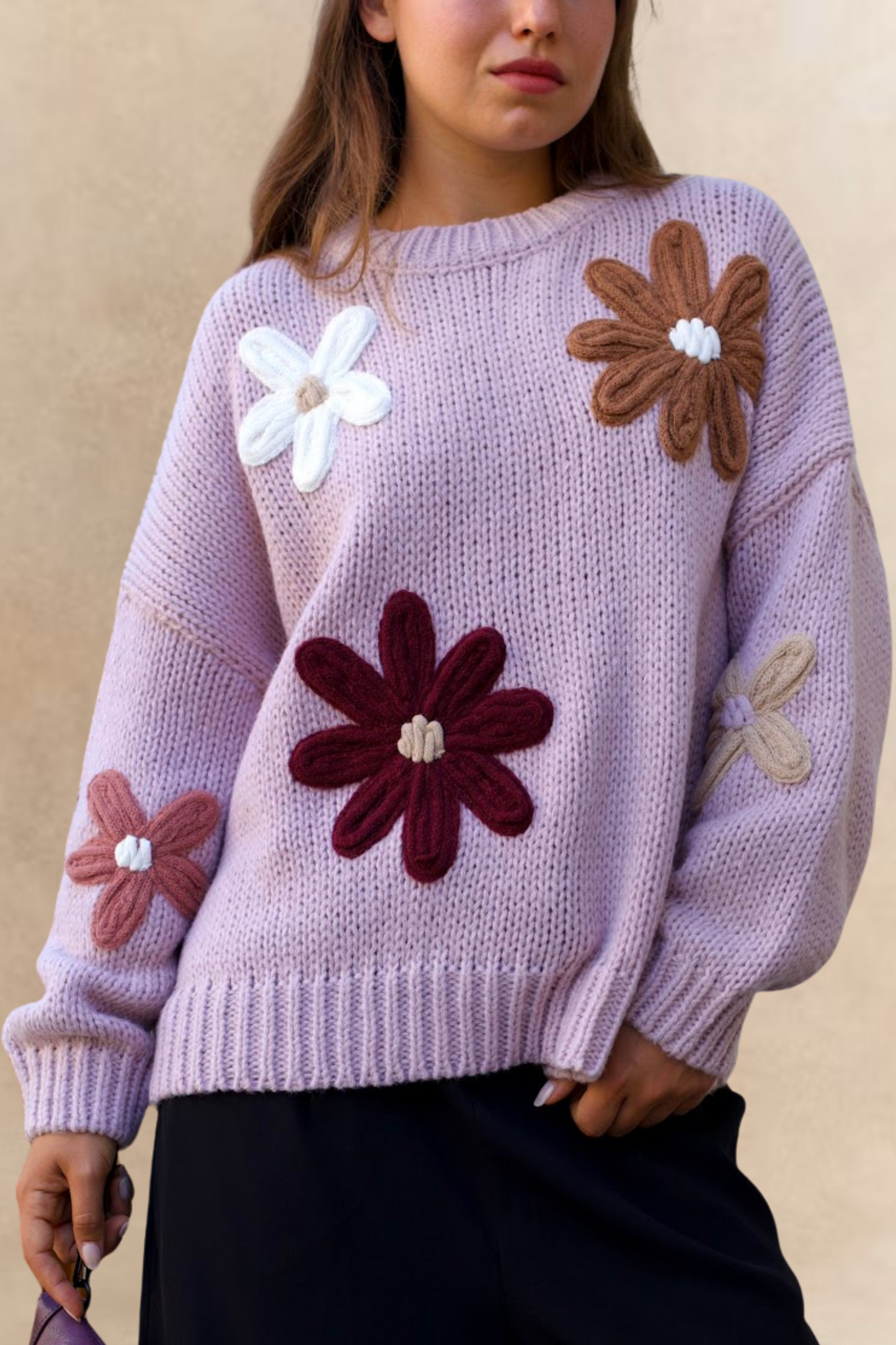 Tamara Women's Chunky Knit Sweater Embroidered Floral Appliqué - Velora Luxury Fashion