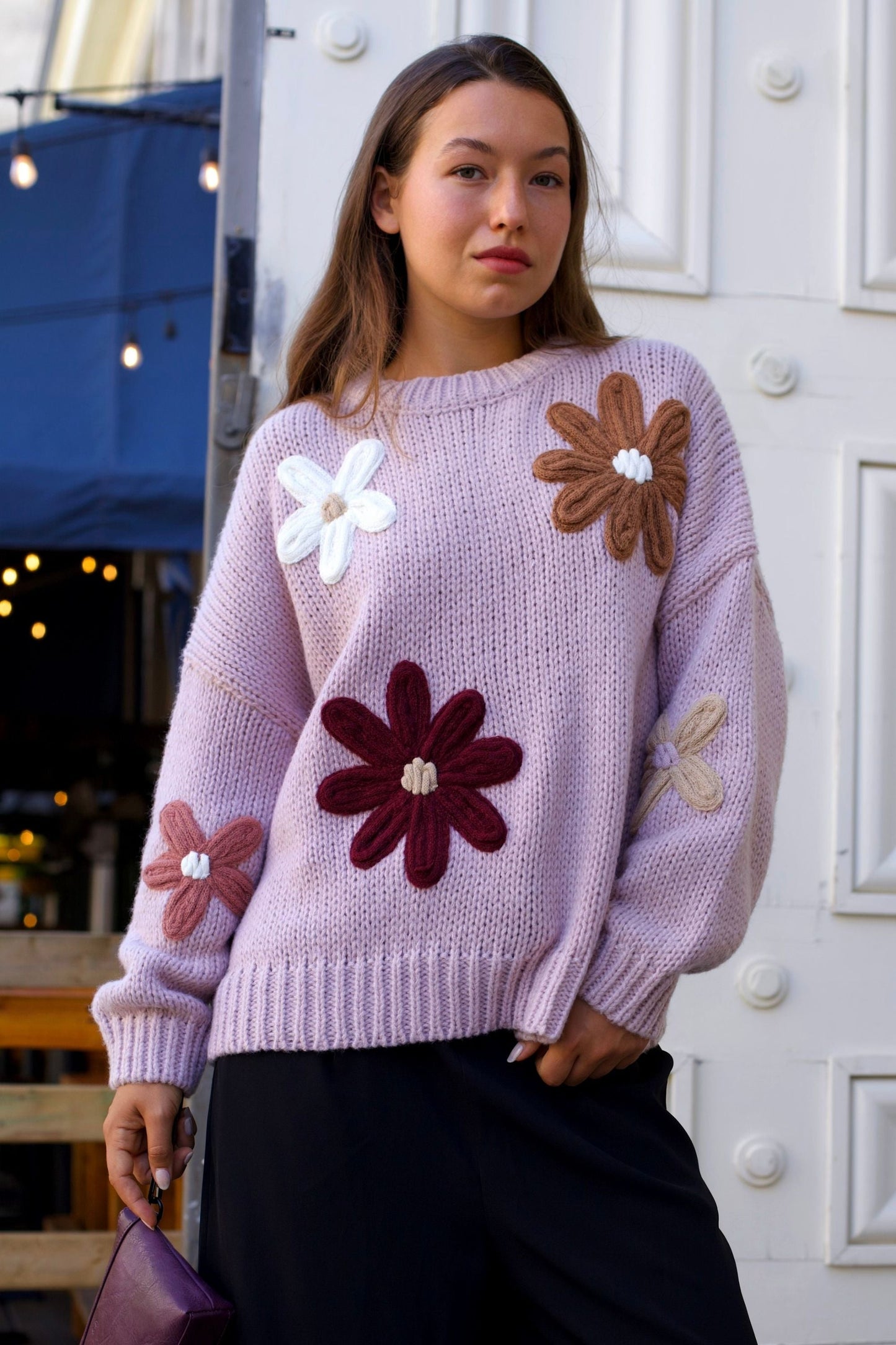 Tamara Women's Chunky Knit Sweater Embroidered Floral Appliqué - Velora Luxury Fashion