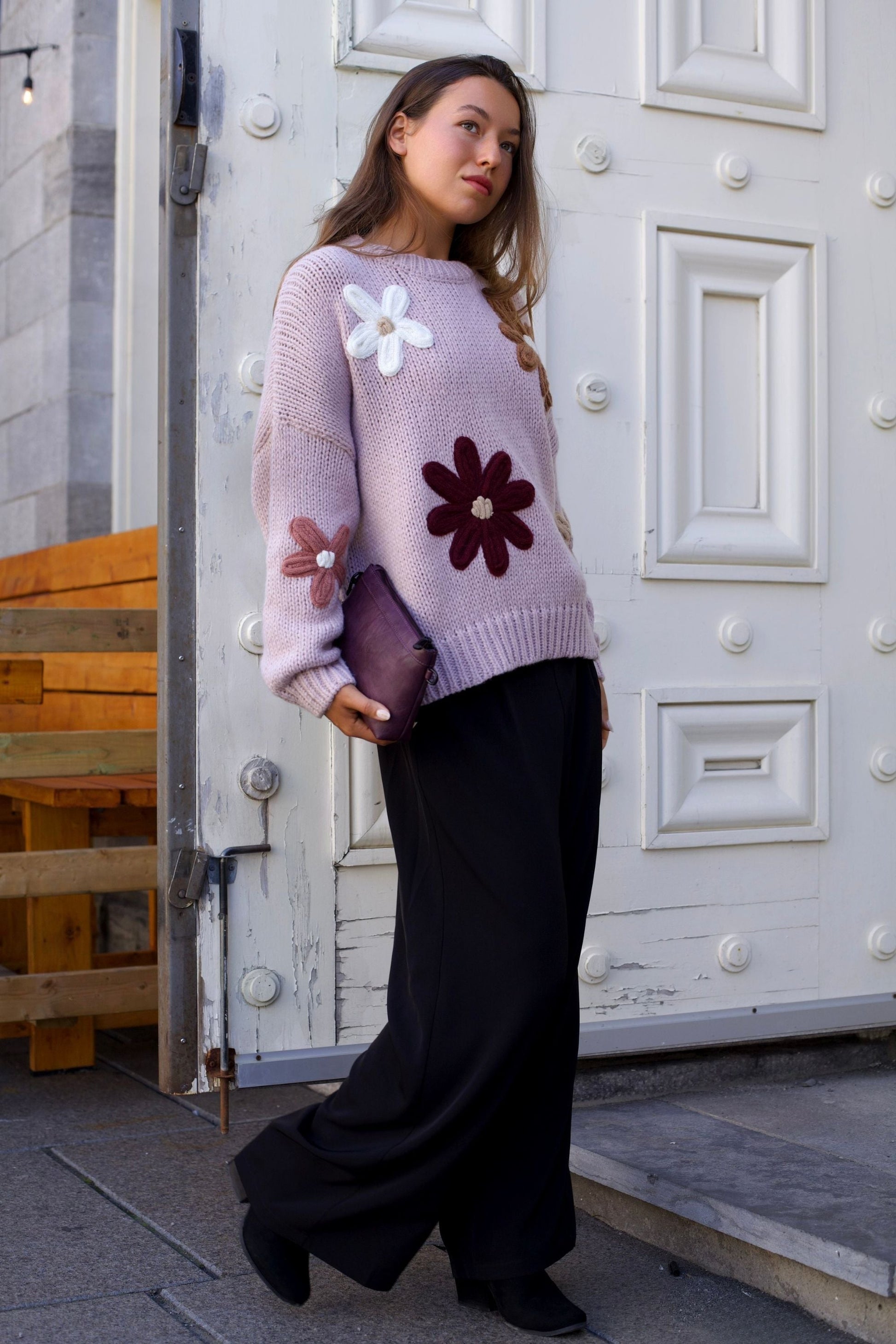 Tamara Women's Chunky Knit Sweater Embroidered Floral Appliqué - Velora Luxury Fashion