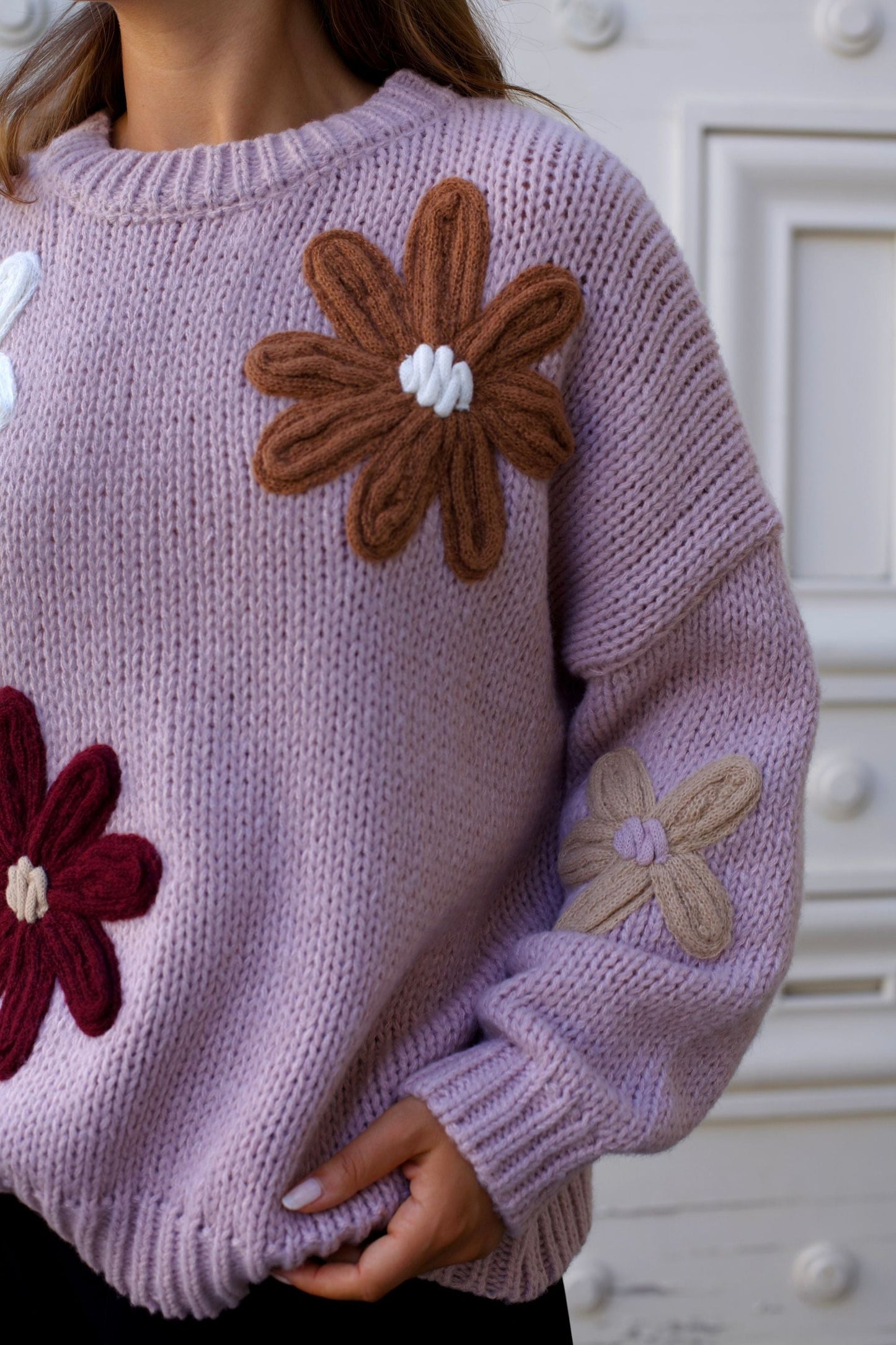 Tamara Women's Chunky Knit Sweater Embroidered Floral Appliqué - Velora Luxury Fashion