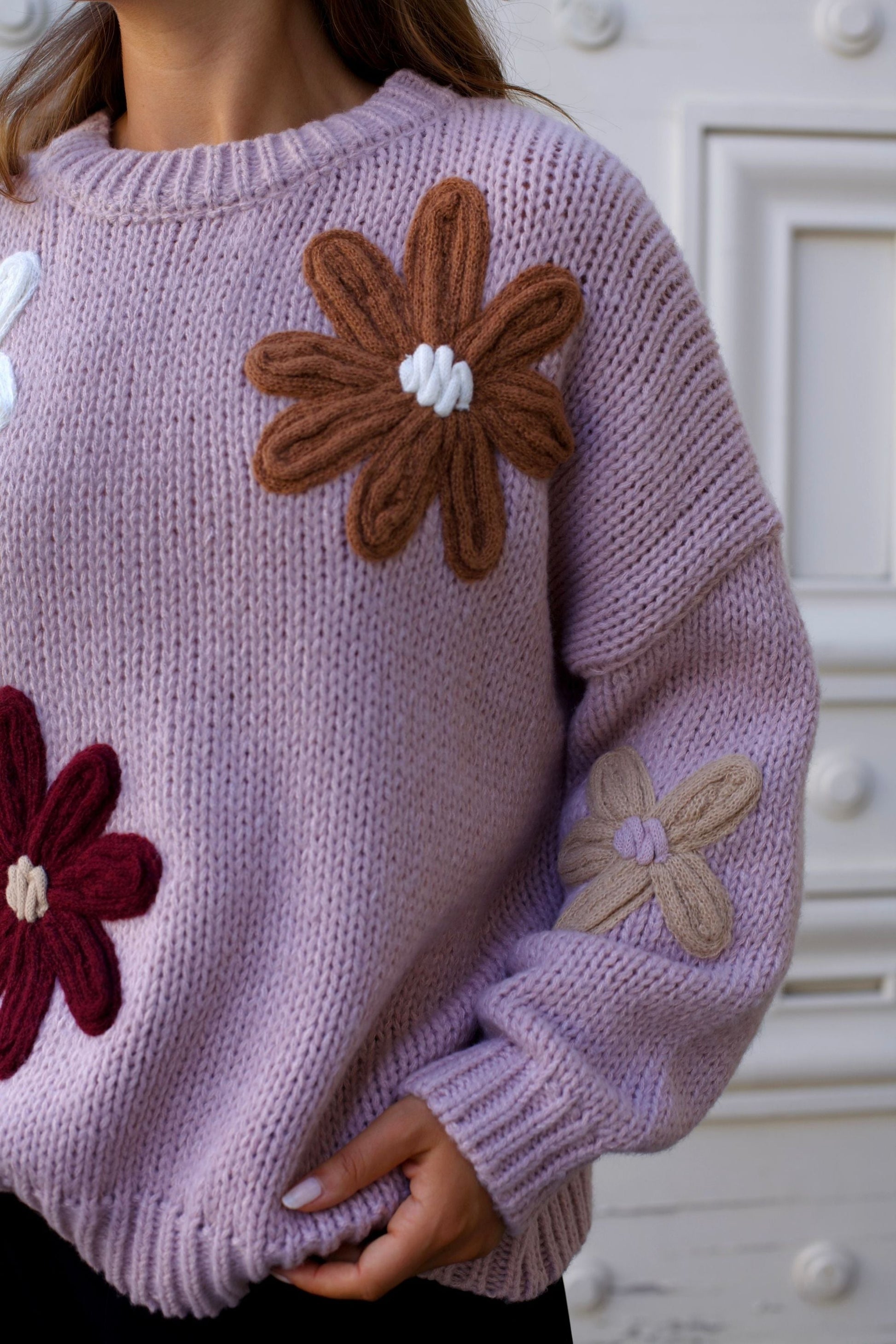 Tamara Women's Chunky Knit Sweater Embroidered Floral Appliqué - Velora Luxury Fashion