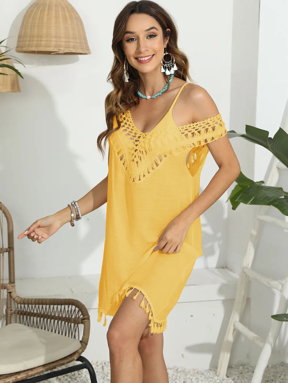 Tassel Scoop Neck Wide Strap Cover-Up - Velora Luxury Fashion