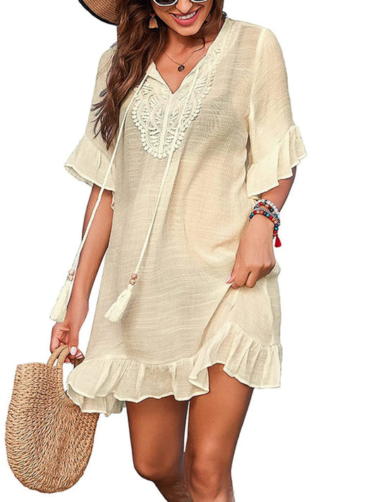 Tassel Short Sleeve Ruffled Mini Dress - Velora Luxury Fashion