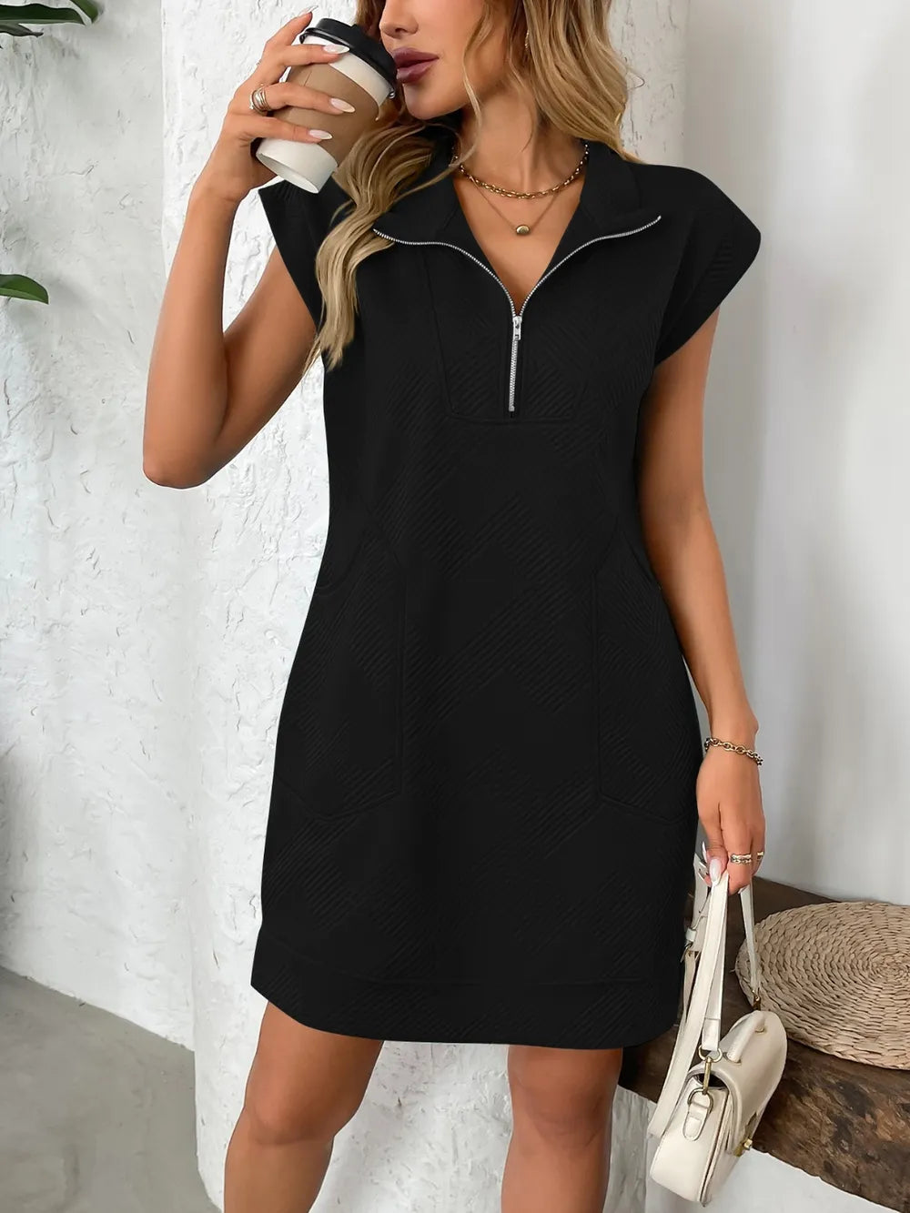 Texture Half Zip Cap Sleeve Mini Dress - Velora Luxury Fashion