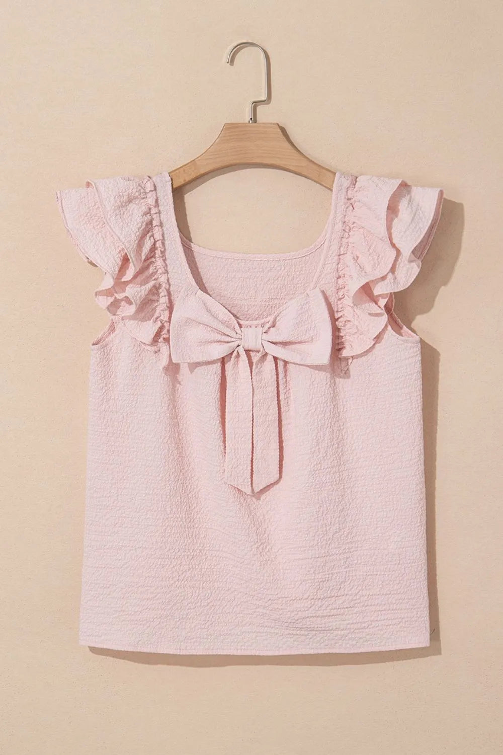 Textured Bow Knot Frilled Butterfly Sleeve Blouse - Velora Luxury Fashion