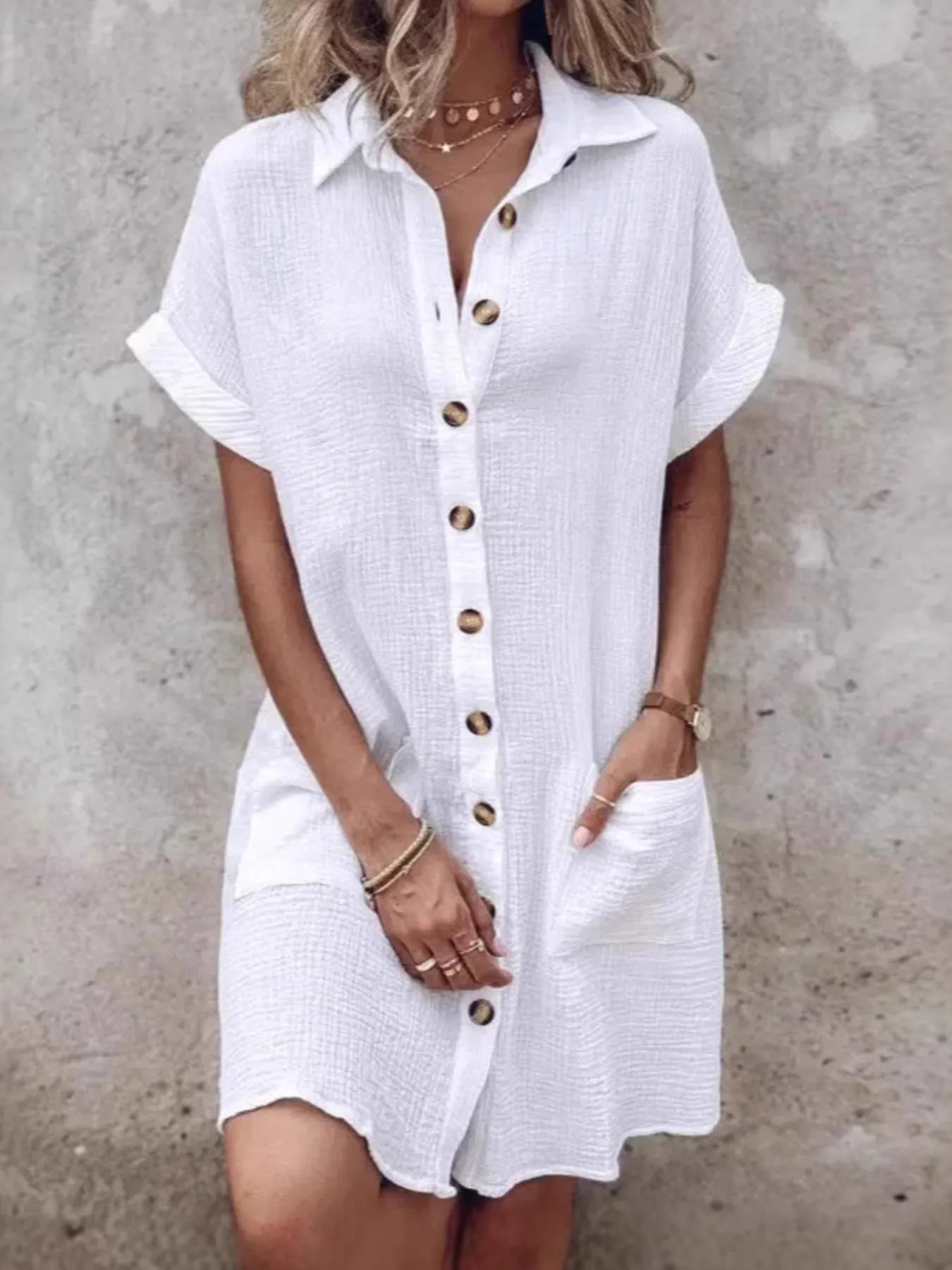 Textured Button-Front Shirt Dress - Velora Luxury Fashion