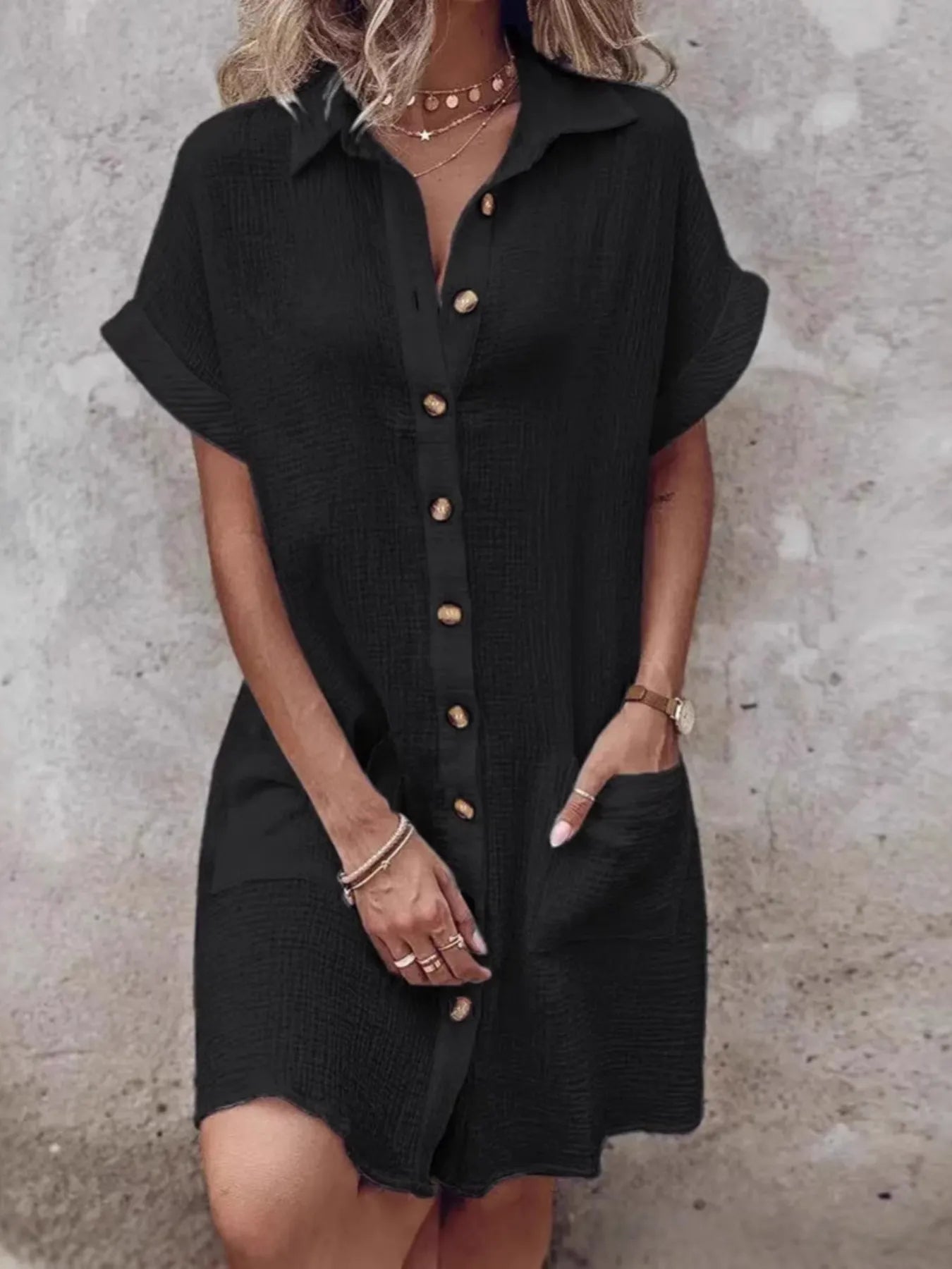 Textured Button-Front Shirt Dress - Velora Luxury Fashion