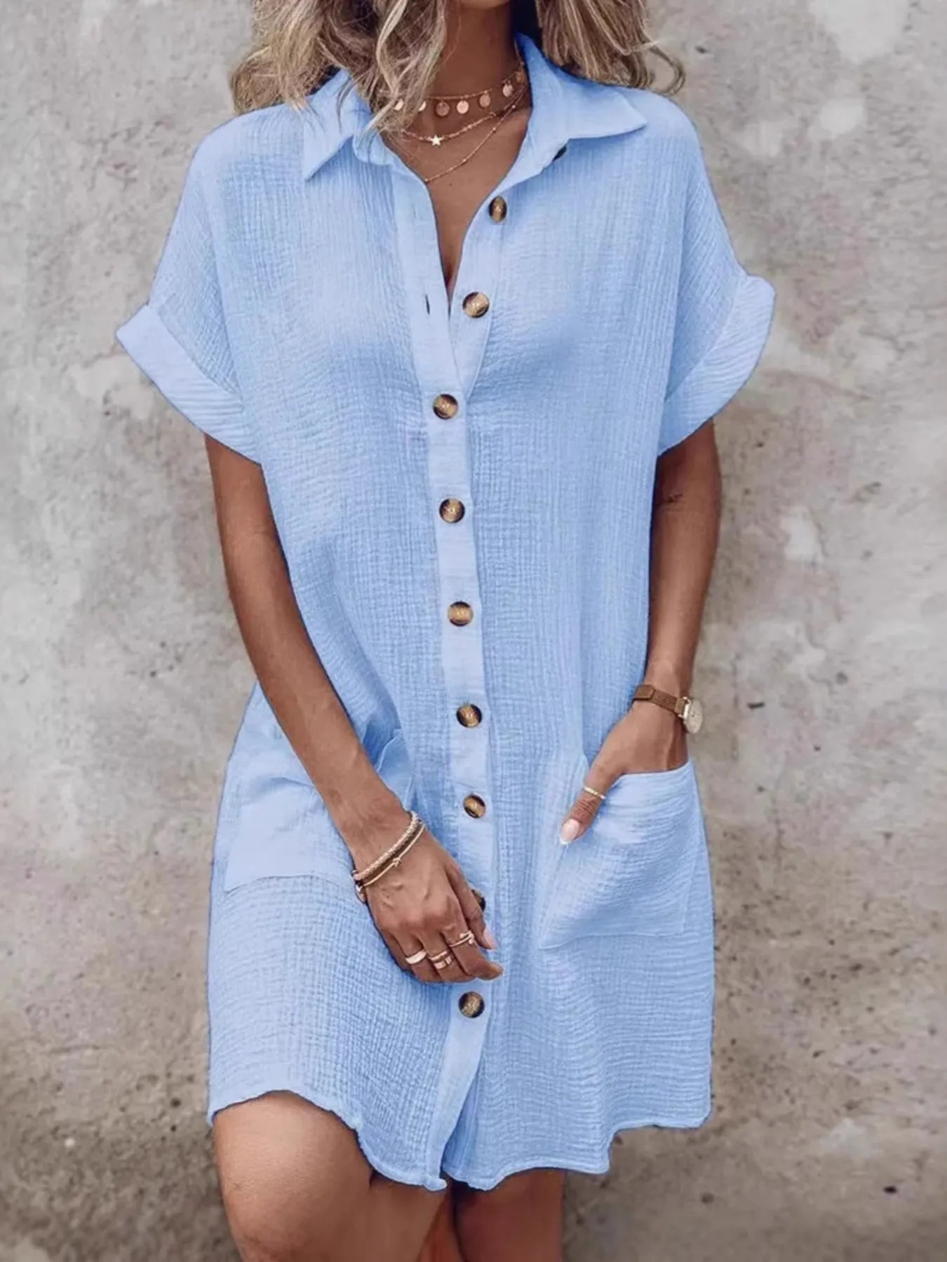 Textured Button-Front Shirt Dress - Velora Luxury Fashion
