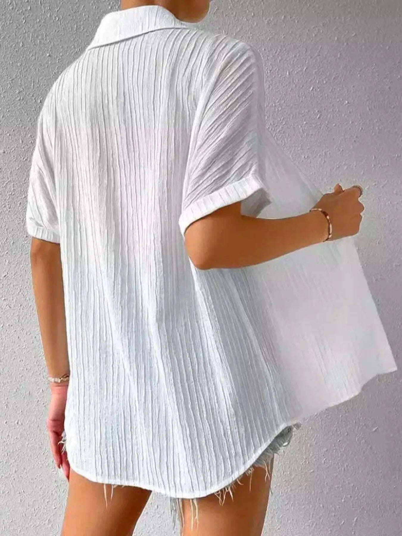 Textured Button-Up Short Sleeve Shirt - Velora Luxury Fashion