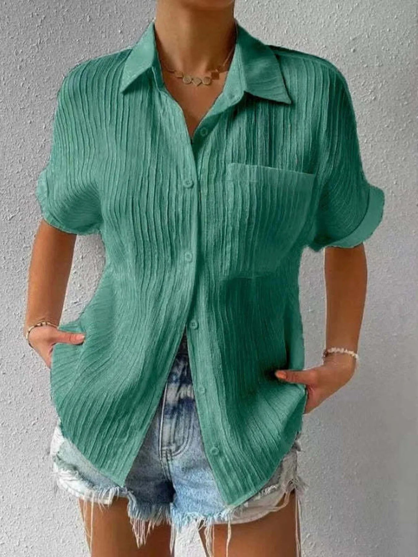 Textured Button-Up Short Sleeve Shirt - Velora Luxury Fashion