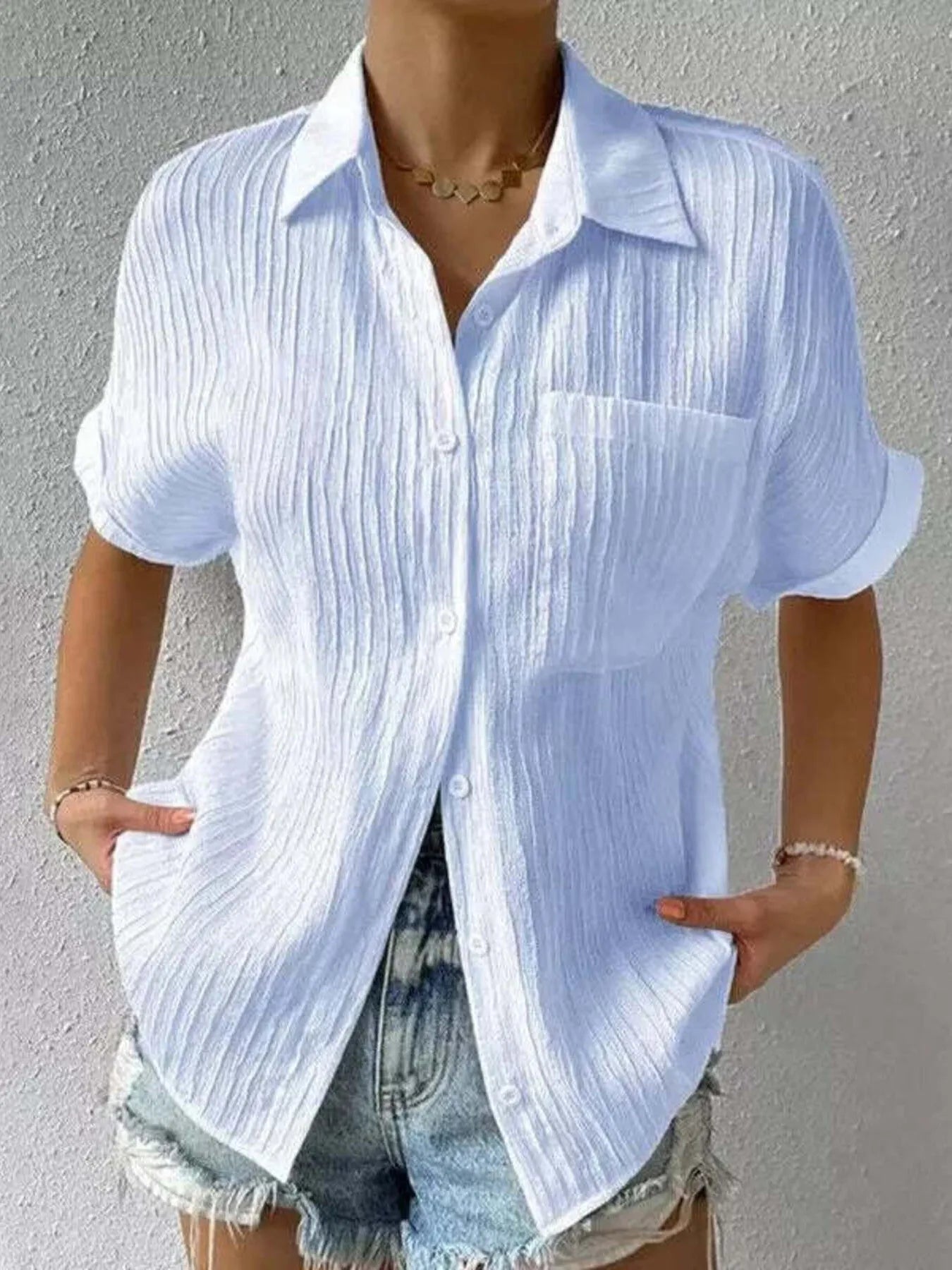 Textured Button-Up Short Sleeve Shirt - Velora Luxury Fashion