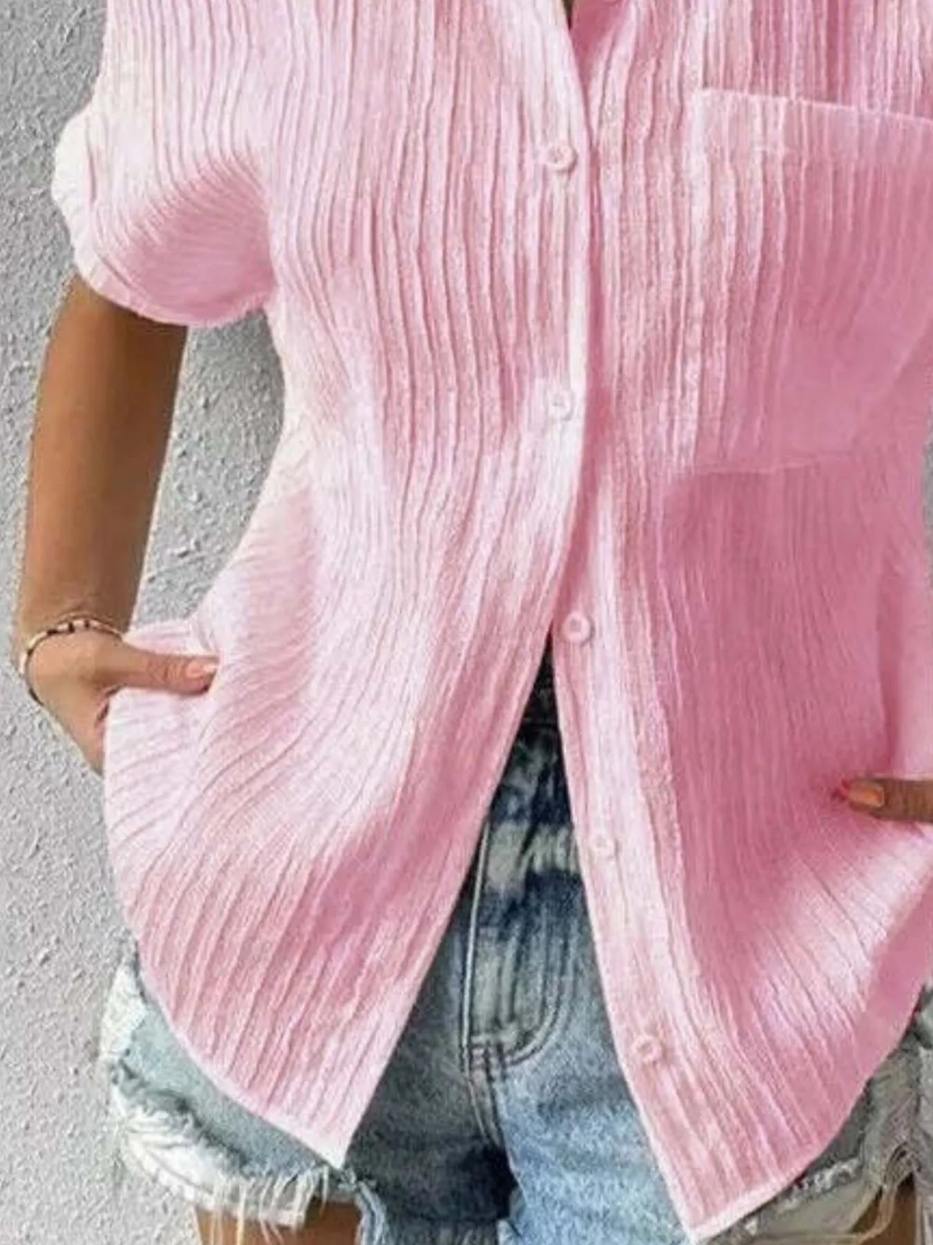 Textured Button-Up Short Sleeve Shirt - Velora Luxury Fashion