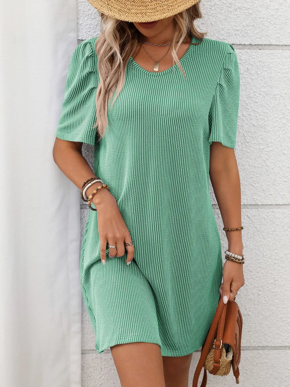 Textured Round Neck Short Sleeve Mini Dress - Velora Luxury Fashion