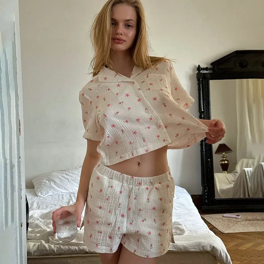 Thin Cotton Printed Comfortable Loose Breathable Short-sleeved Shorts Summer Pajamas Home Wear For Women EX-STOCK Canada