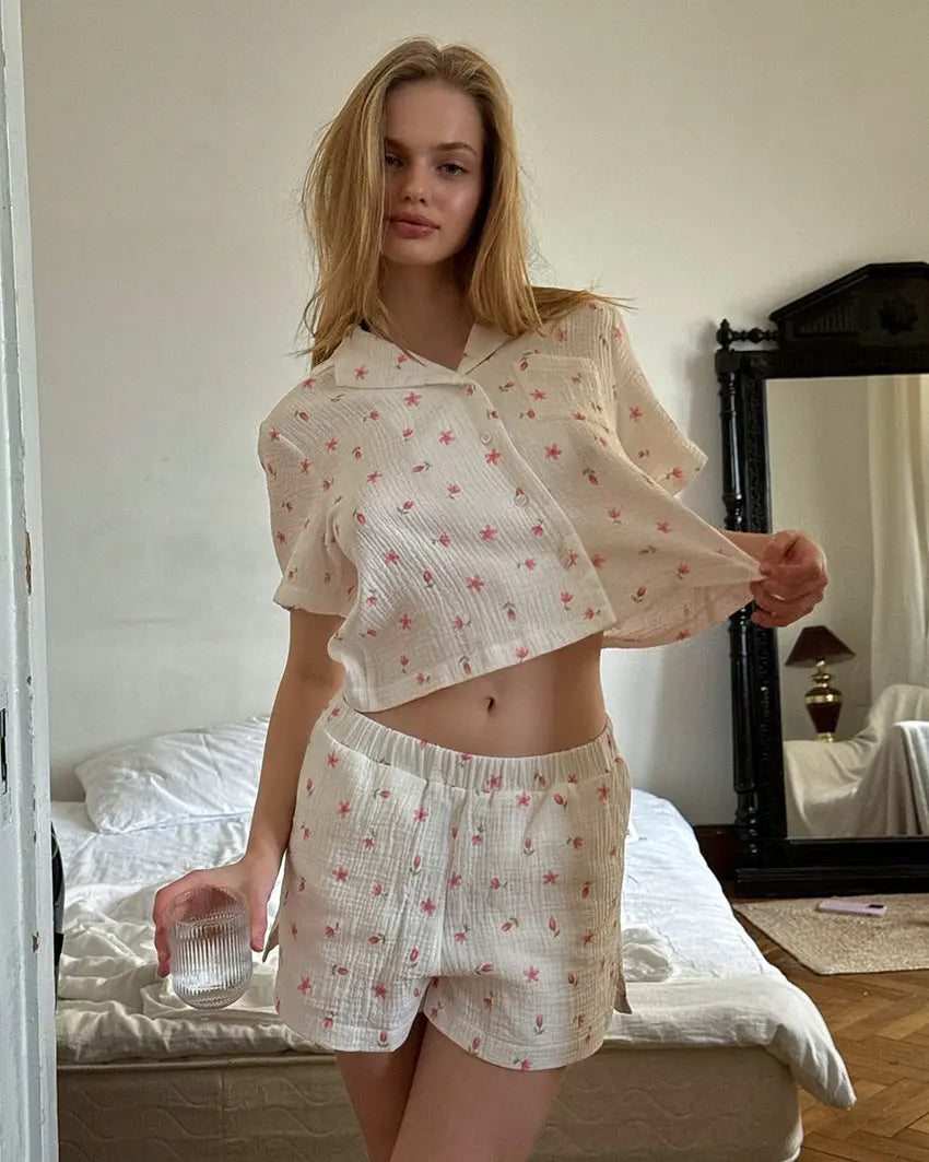 Thin Cotton Printed Comfortable Loose Breathable Short-sleeved Shorts Summer Pajamas Home Wear For Women EX-STOCK Canada