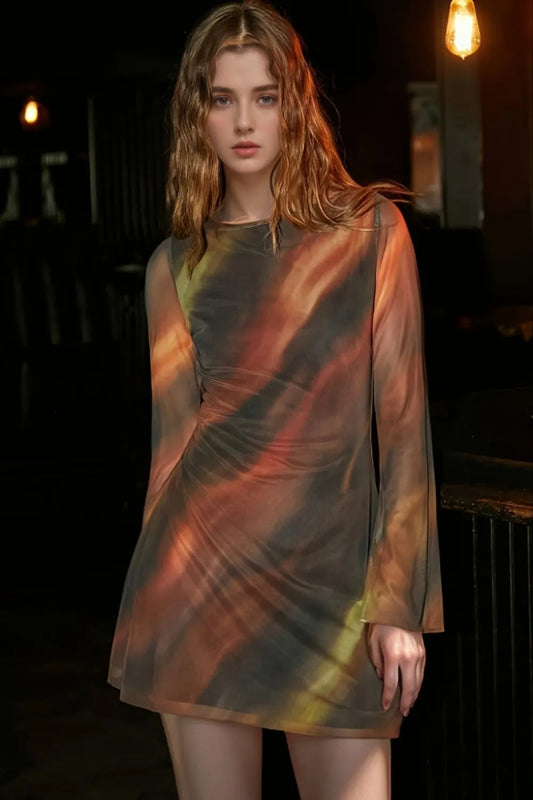 Tie Dye Print Long Sleeve Bodycon Mini Dress - Velora Luxury Fashion