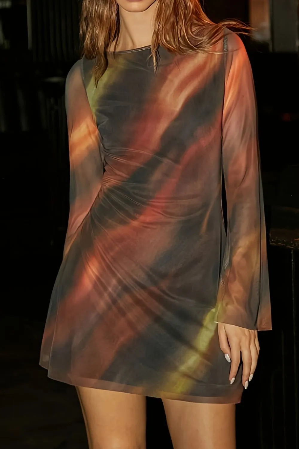 Tie Dye Print Long Sleeve Bodycon Mini Dress - Velora Luxury Fashion