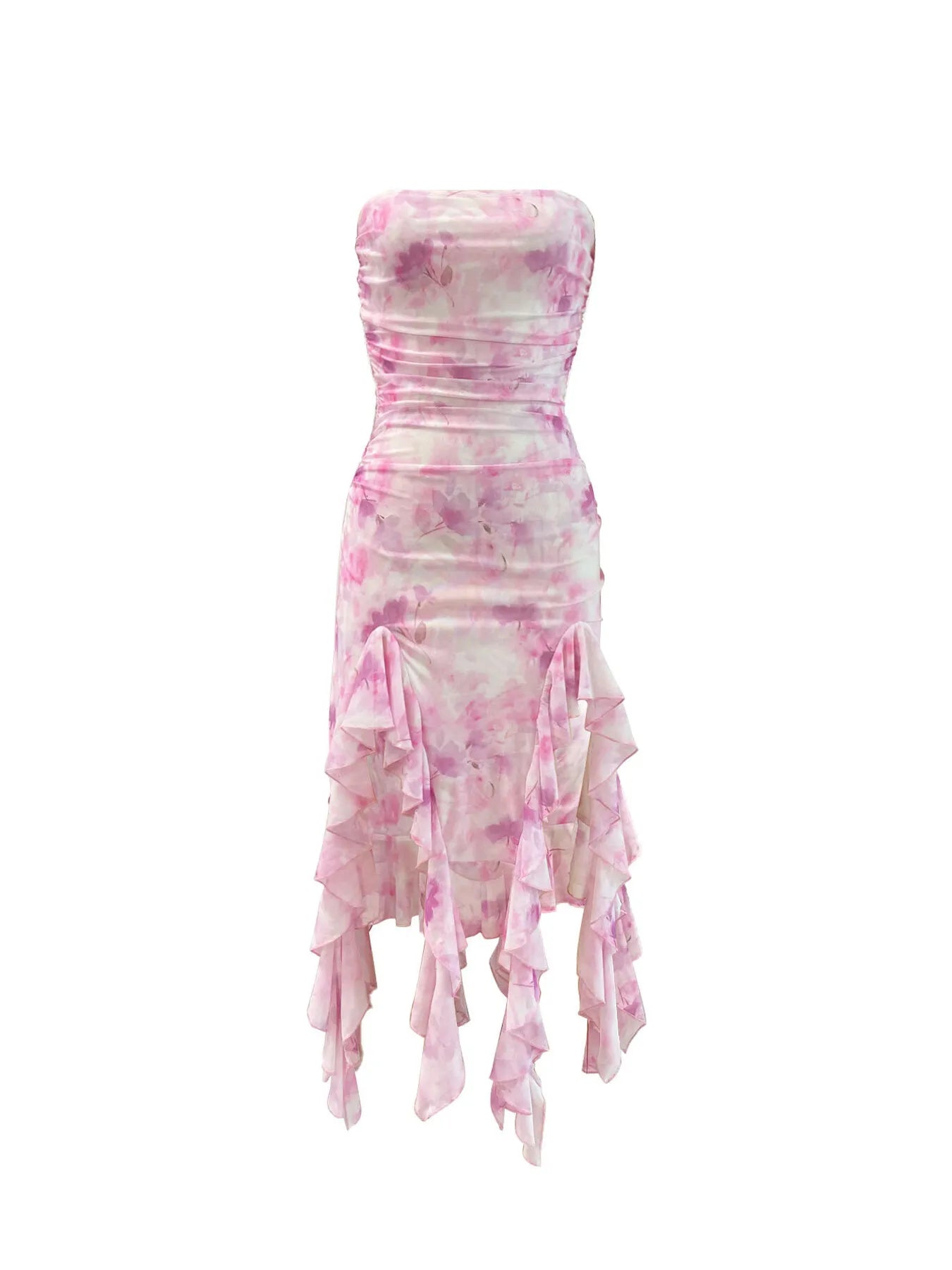Tie-Dye Strapless Ruffle Hem Dress - Velora Luxury Fashion
