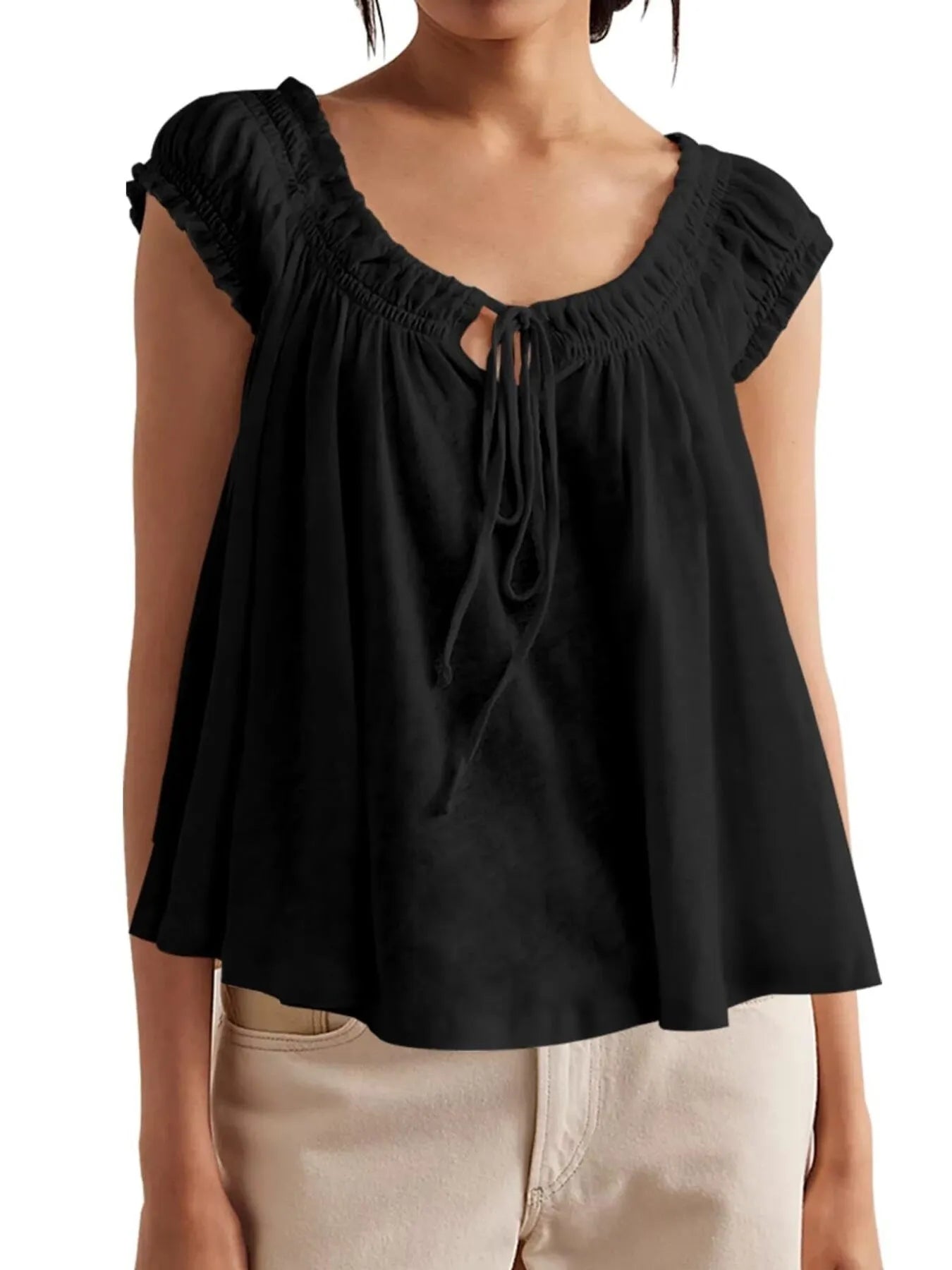 Tie-Front Detail Smocked Blouse - Velora Luxury Fashion