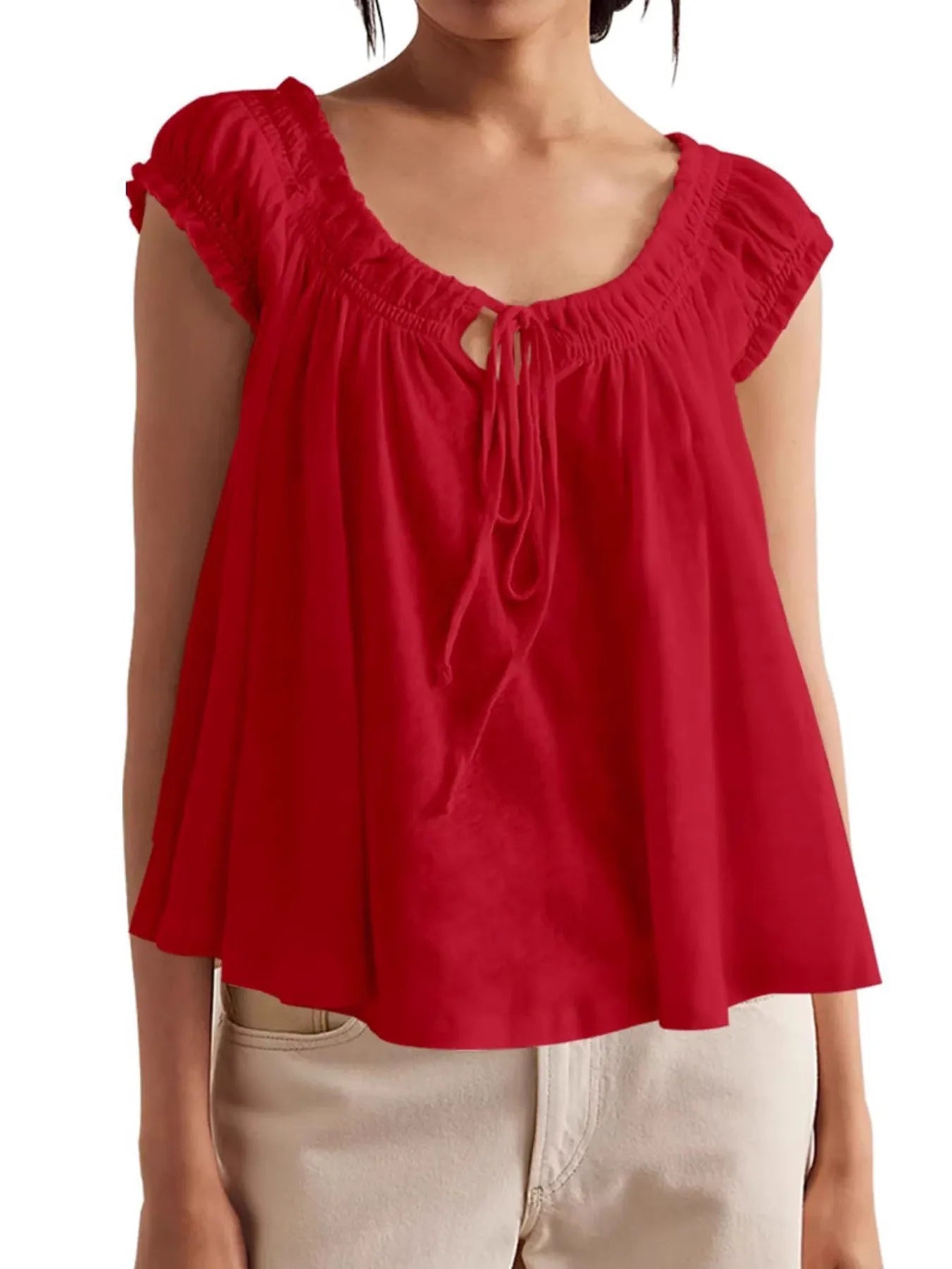 Tie-Front Detail Smocked Blouse - Velora Luxury Fashion