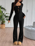 Tie Front Long Sleeve Flare Jumpsuit - Velora Luxury Fashion