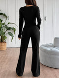 Tie Front Long Sleeve Flare Jumpsuit - Velora Luxury Fashion