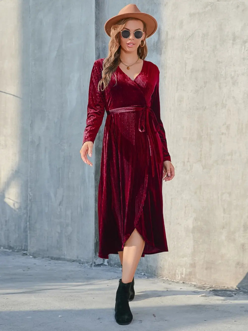 Tie Front Long Sleeve Slit Dress - Velora Luxury Fashion