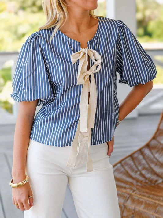 Tie Front Puff Sleeve Striped Blouse - Velora Luxury Fashion
