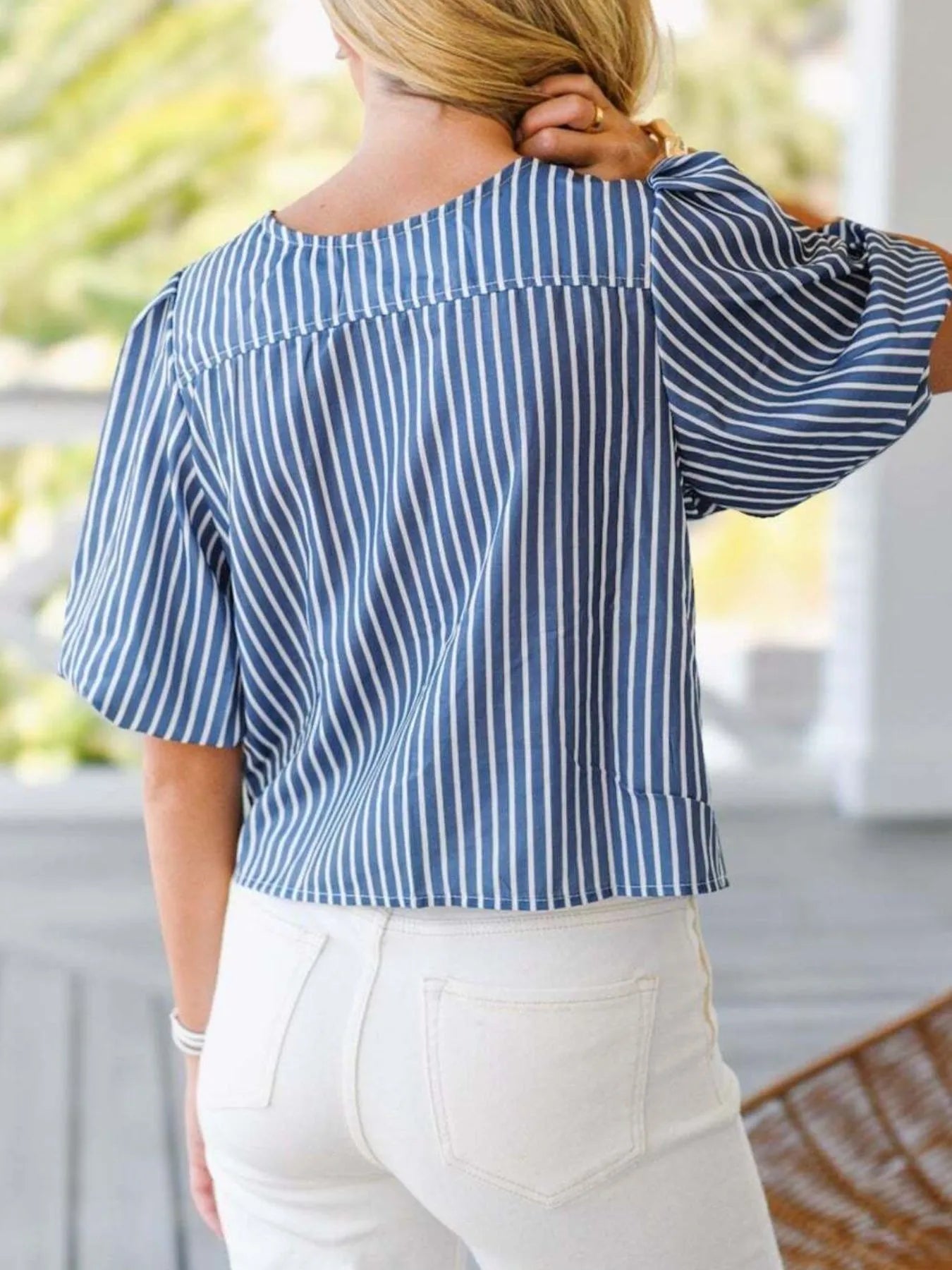 Tie Front Puff Sleeve Striped Blouse - Velora Luxury Fashion