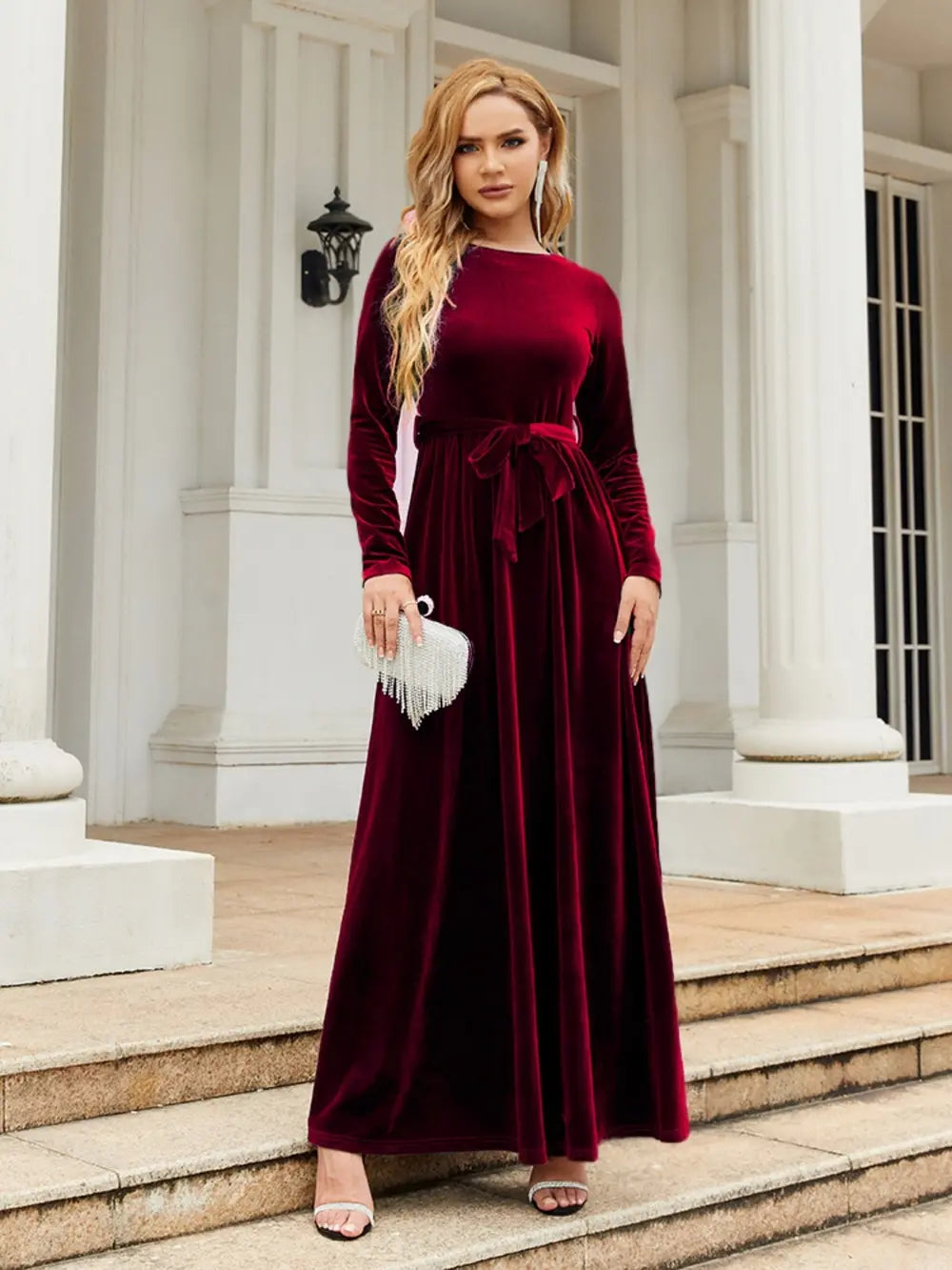 Tie Front Round Neck Long Sleeve Maxi Dress - Velora Luxury Fashion