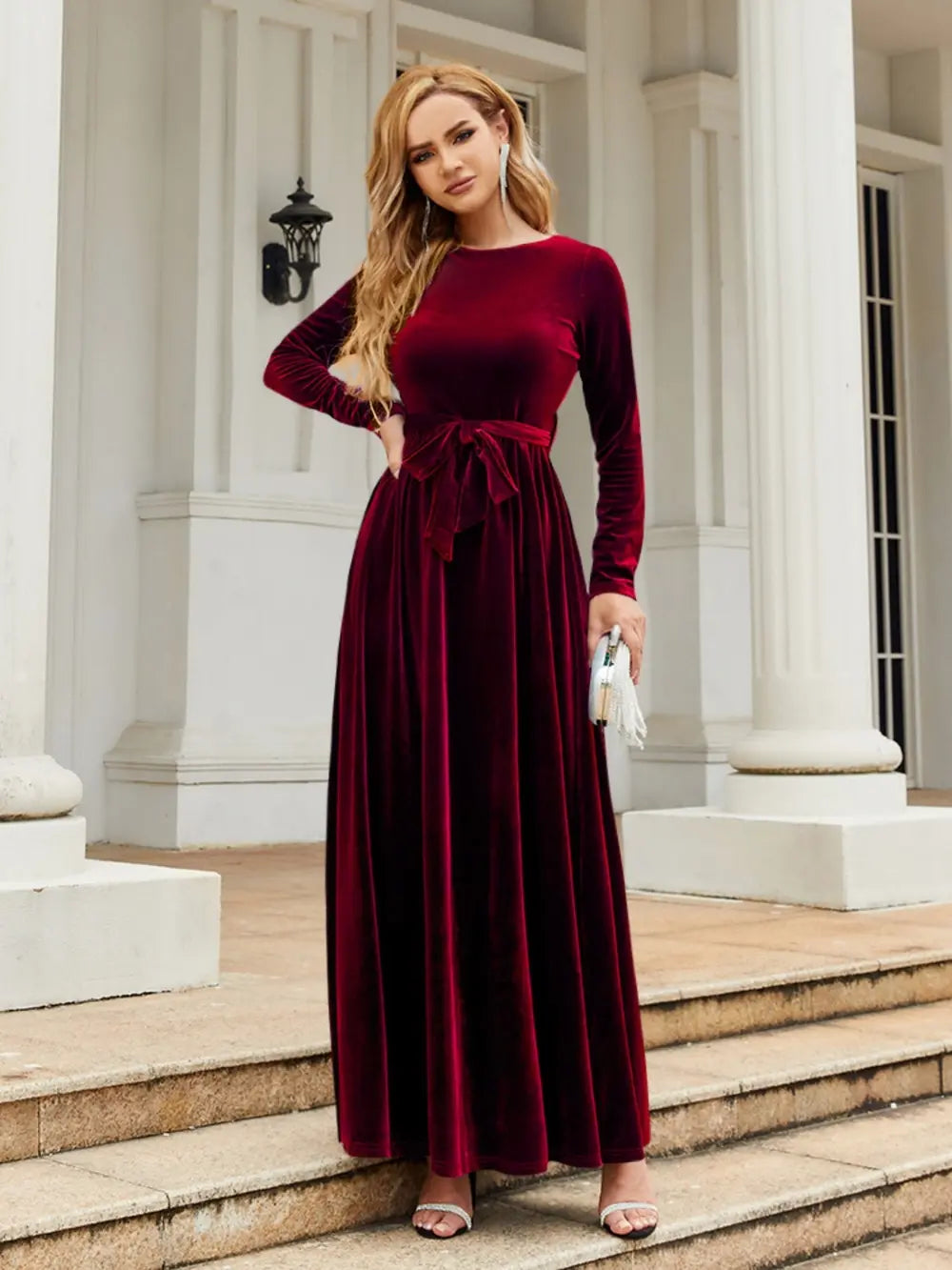 Tie Front Round Neck Long Sleeve Maxi Dress - Velora Luxury Fashion