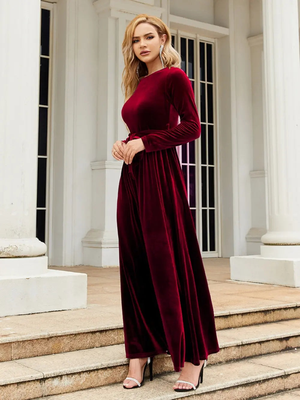 Tie Front Round Neck Long Sleeve Maxi Dress - Velora Luxury Fashion