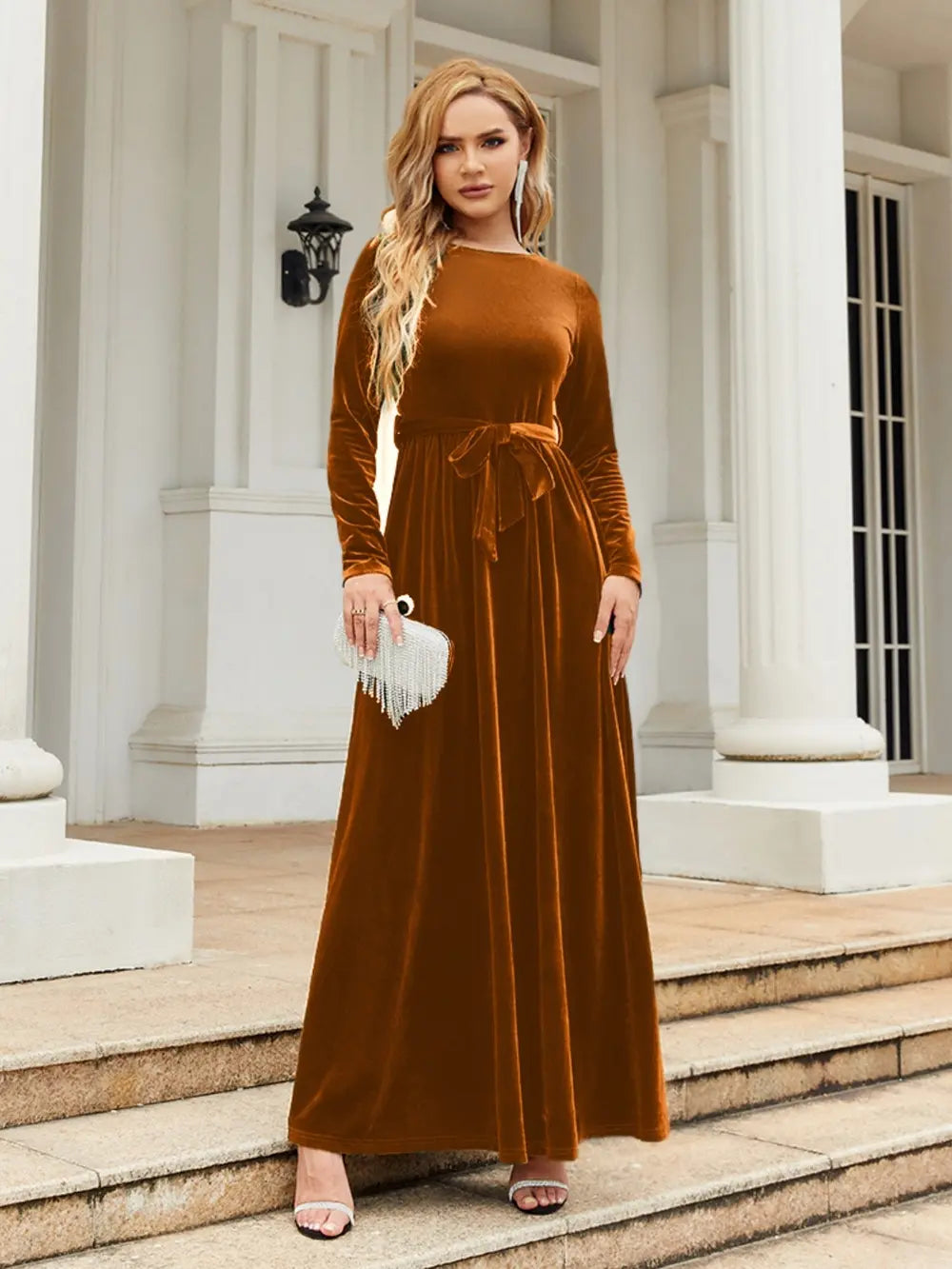 Tie Front Round Neck Long Sleeve Maxi Dress - Velora Luxury Fashion