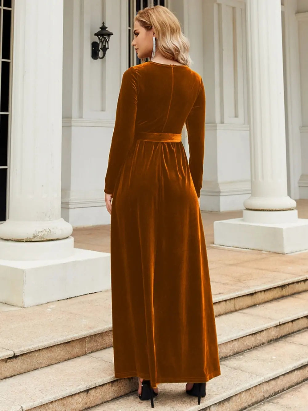 Tie Front Round Neck Long Sleeve Maxi Dress - Velora Luxury Fashion