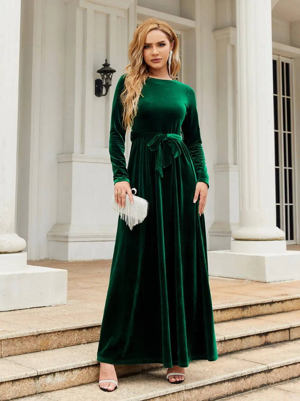 Tie Front Round Neck Long Sleeve Maxi Dress - Velora Luxury Fashion
