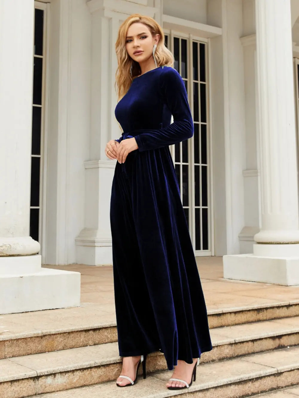 Tie Front Round Neck Long Sleeve Maxi Dress - Velora Luxury Fashion
