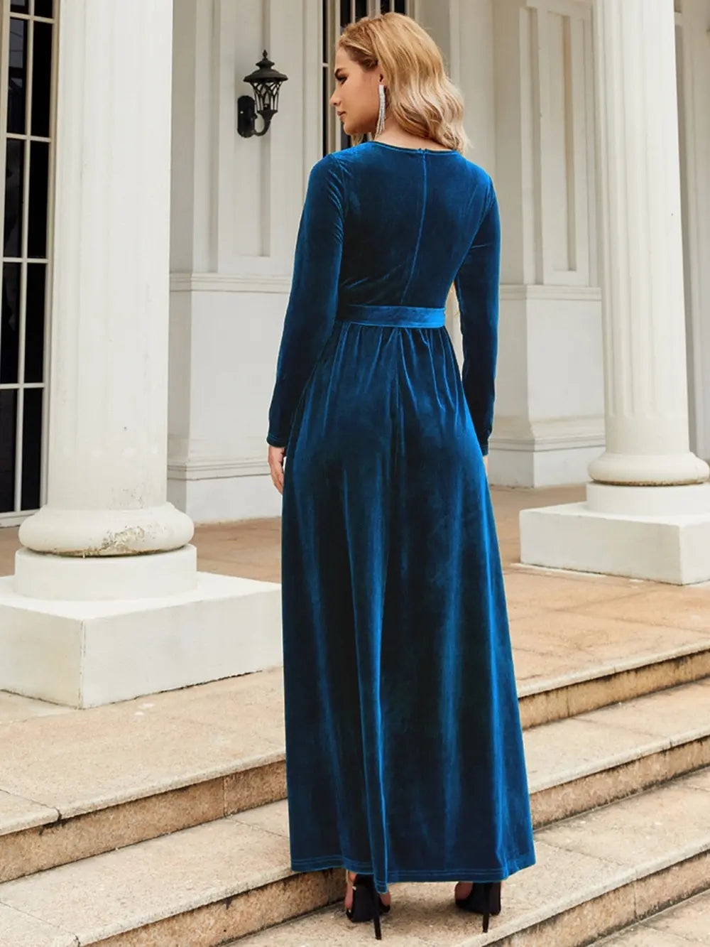 Tie Front Round Neck Long Sleeve Maxi Dress - Velora Luxury Fashion