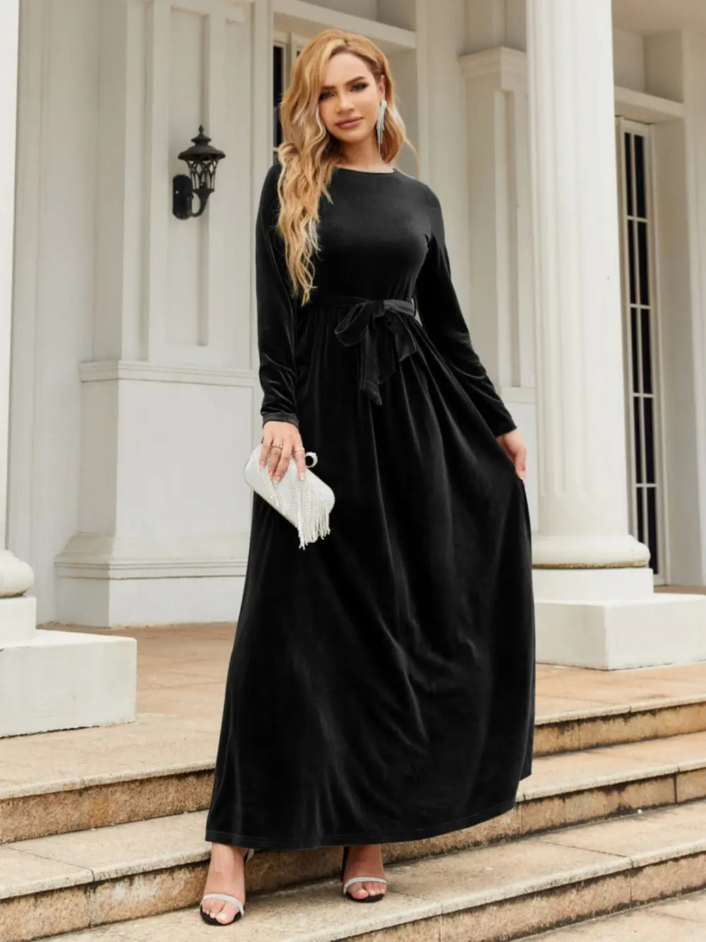 Tie Front Round Neck Long Sleeve Maxi Dress - Velora Luxury Fashion